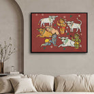 Krishna with Cows Painting for Living Room – Jamini Roy Folk Art | Spiritual Wall Art India 3 : 2 Horizontal Premium Wall Art Canvas by MeriDeewar