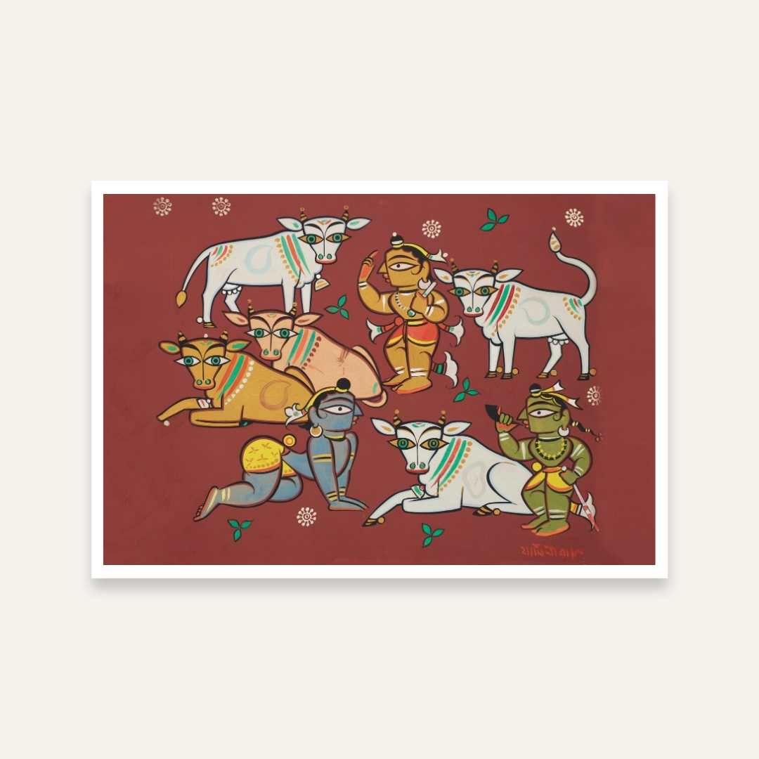 Krishna with Cows Painting for Living Room – Jamini Roy Folk Art | Spiritual Wall Art India 3 : 2 Horizontal Premium Wall Art Canvas by MeriDeewar