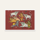 Krishna with Cows Painting for Living Room – Jamini Roy Folk Art | Spiritual Wall Art India 3 : 2 Horizontal Premium Wall Art Canvas by MeriDeewar