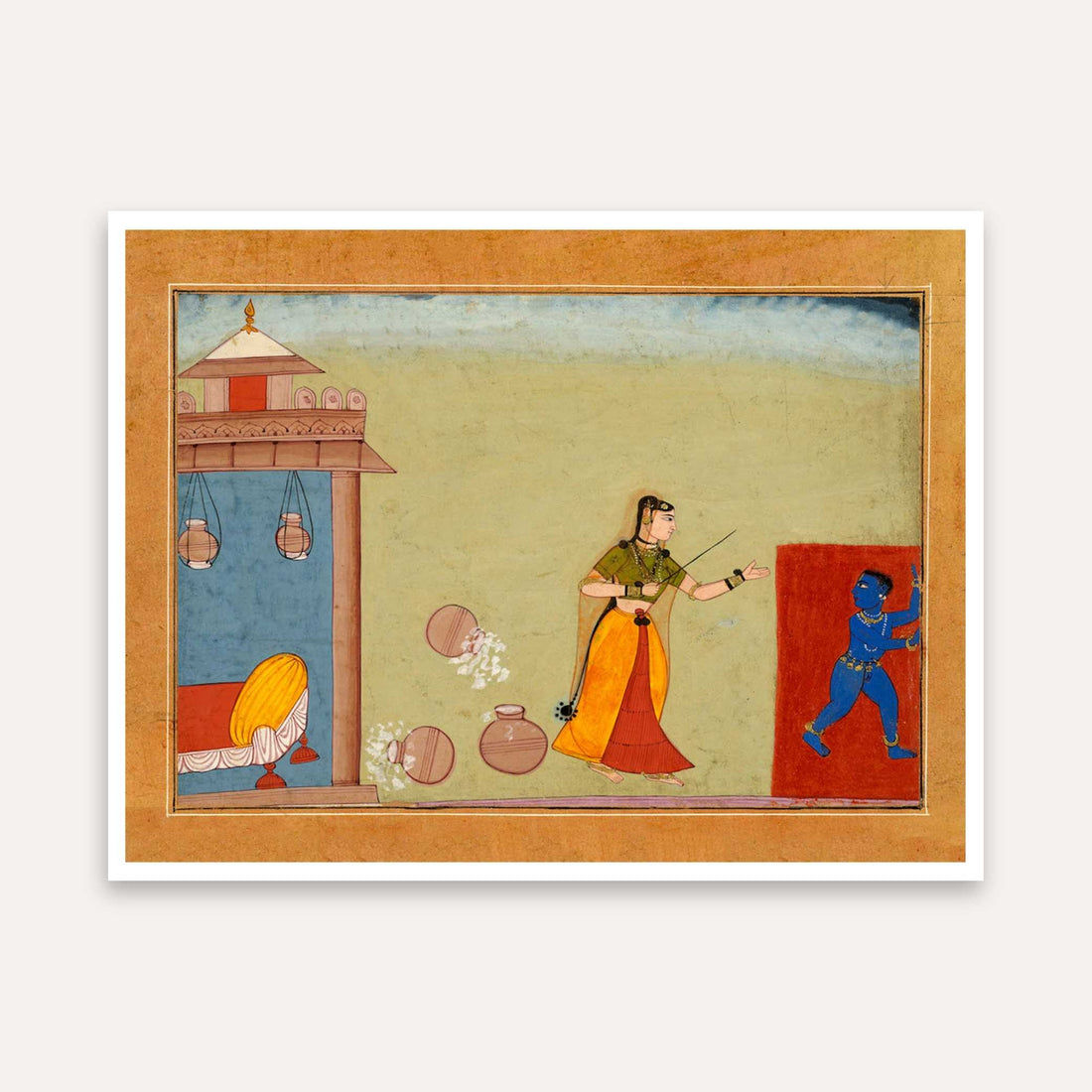 Krishna Yashoda Painting for Home | Bal Krishna Wall Art | Pahari Miniature Style Print 4 : 3 Horizontal Premium Wall Art Canvas by MeriDeewar