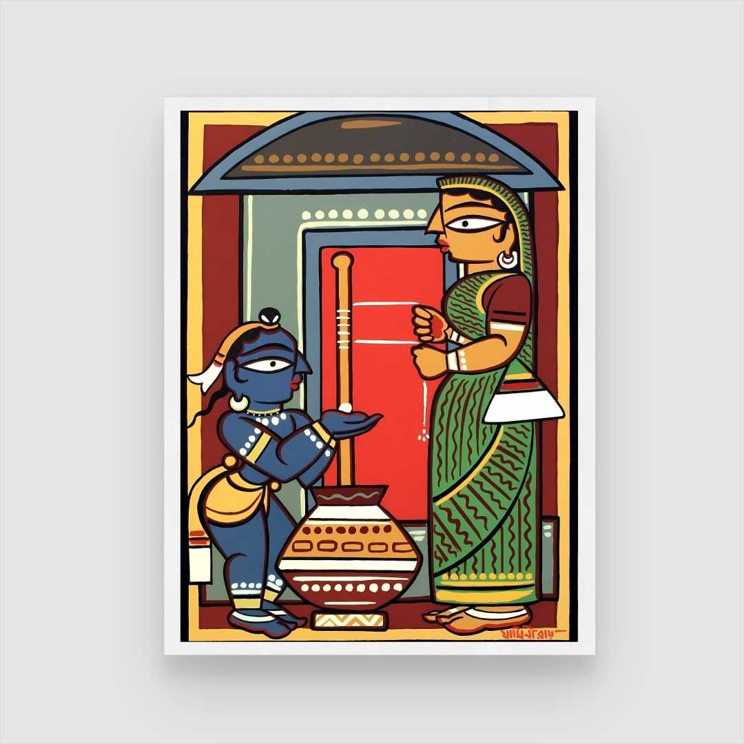 Krishna Yashoda Painting for Living Room | Jamini Roy Style Spiritual Wall Art 3 : 4 Vertical Premium Wall Art Canvas by MeriDeewar
