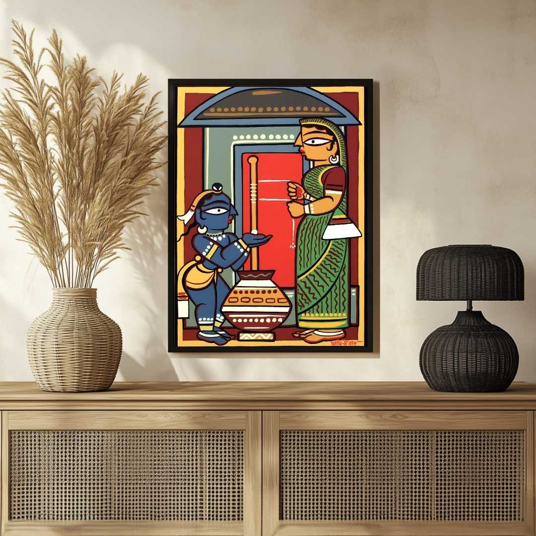 Krishna Yashoda Painting for Living Room | Jamini Roy Style Spiritual Wall Art 3 : 4 Vertical Premium Wall Art Canvas by MeriDeewar