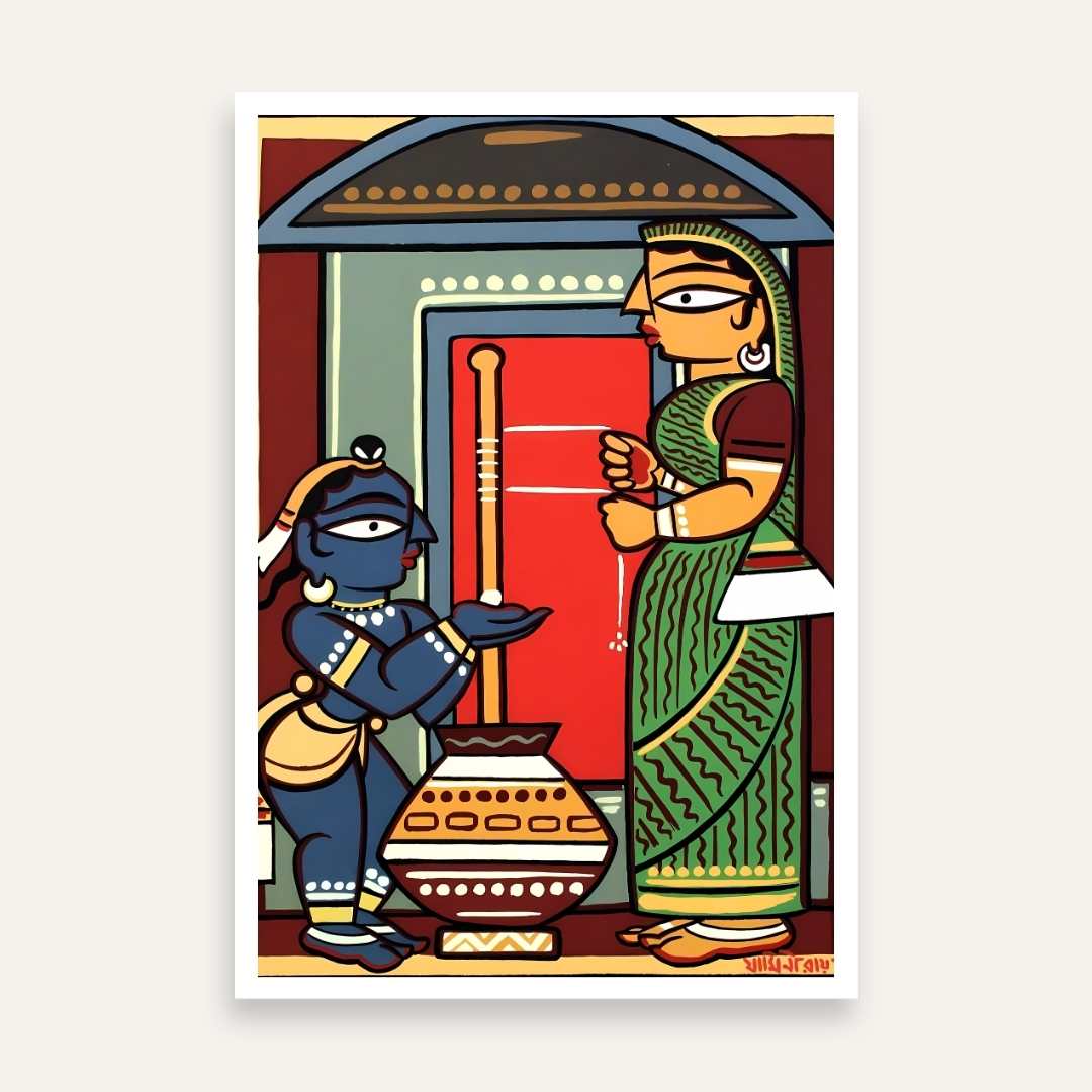Krishna Yashoda Painting for Living Room | Jamini Roy Style Spiritual Wall Art 3 : 4 Vertical Premium Wall Art Canvas by MeriDeewar