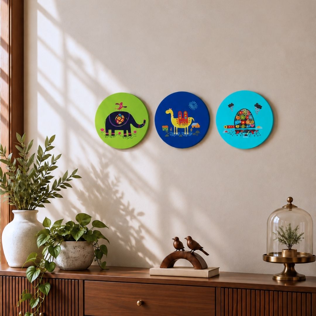 Kriti | Animal Folk Art Set of 3 Round Canvas Curate Premium Wall Art Canvas by MeriDeewar