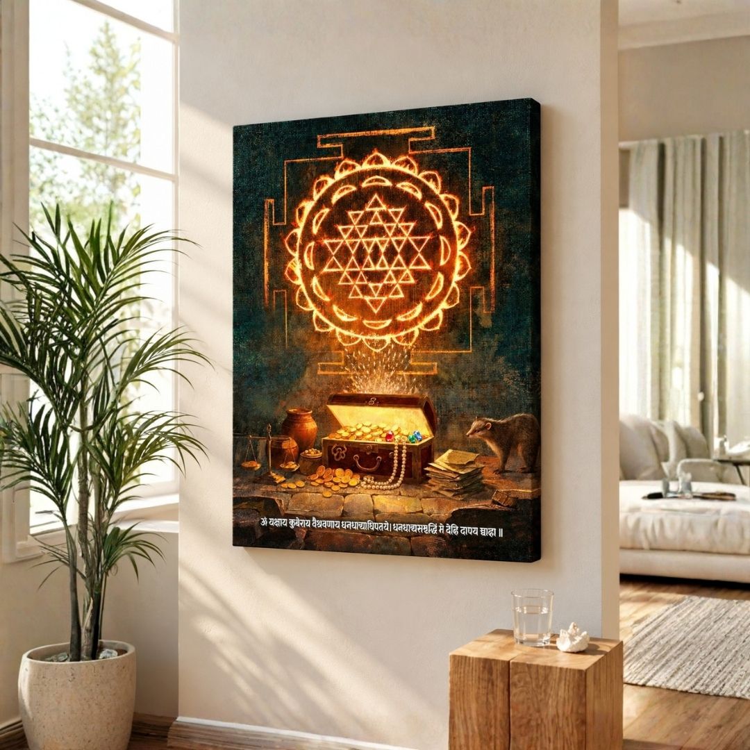 Kubera Dhan Labh | Sacred Kuber Yantra, Treasure Vault & Mantra Vertical Canvas Art. Curate Premium Wall Art Canvas by MeriDeewar