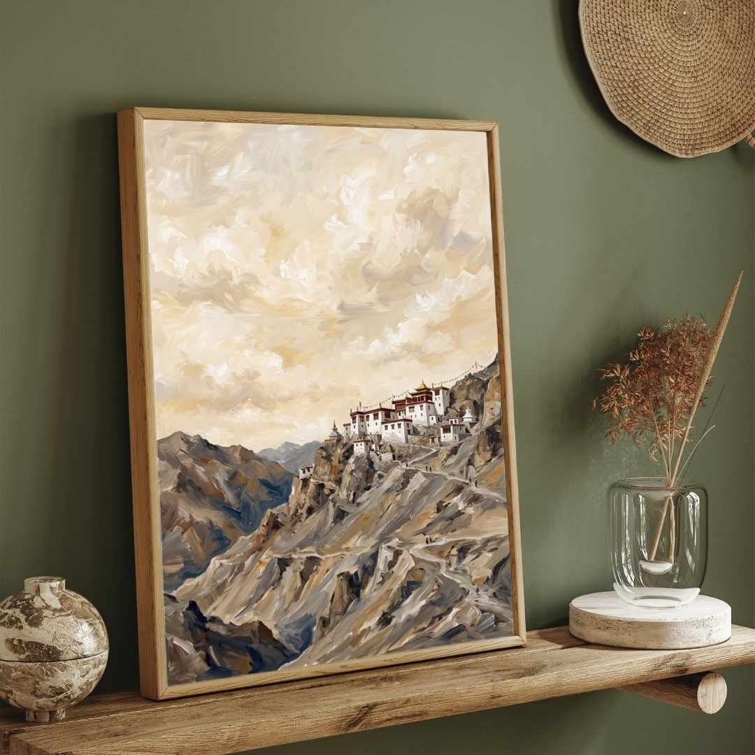 "Ladakh Cliffside Monastery" Mountain Architecture Giclée Print | Fine Art Wall Art 2 : 3 Vertical Premium Wall Art Canvas by MeriDeewar