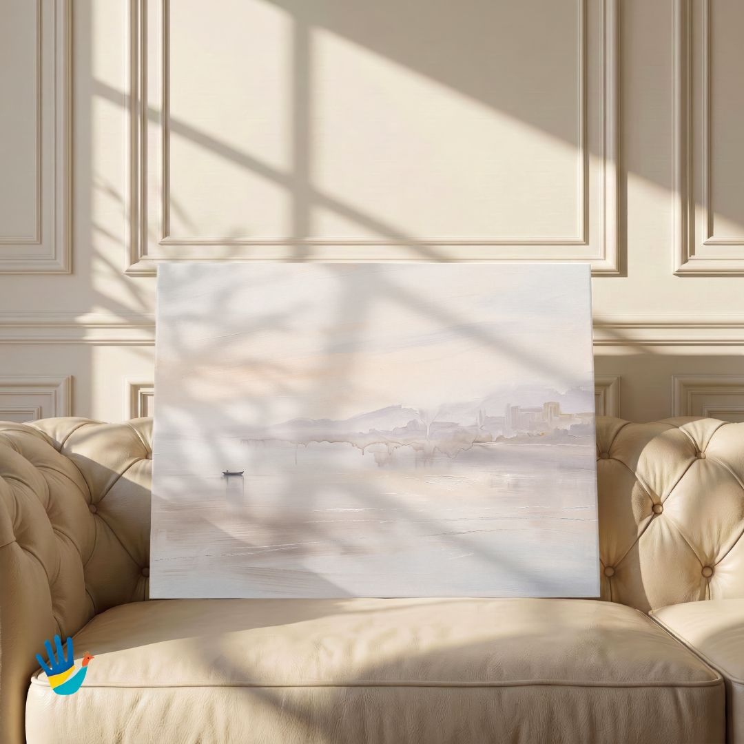 Lake in Haze | Udaipur Misty Lake Panoramic Art 3 : 2 Horizontal Premium Wall Art Canvas by MeriDeewar