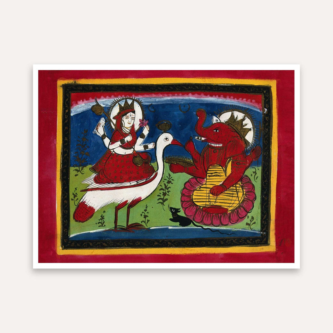 Lakshmi Ganesha Painting for Home | Spiritual Wall Art for Pooja Room | Folk Art Print 4 : 3 Horizontal Premium Wall Art Canvas by MeriDeewar