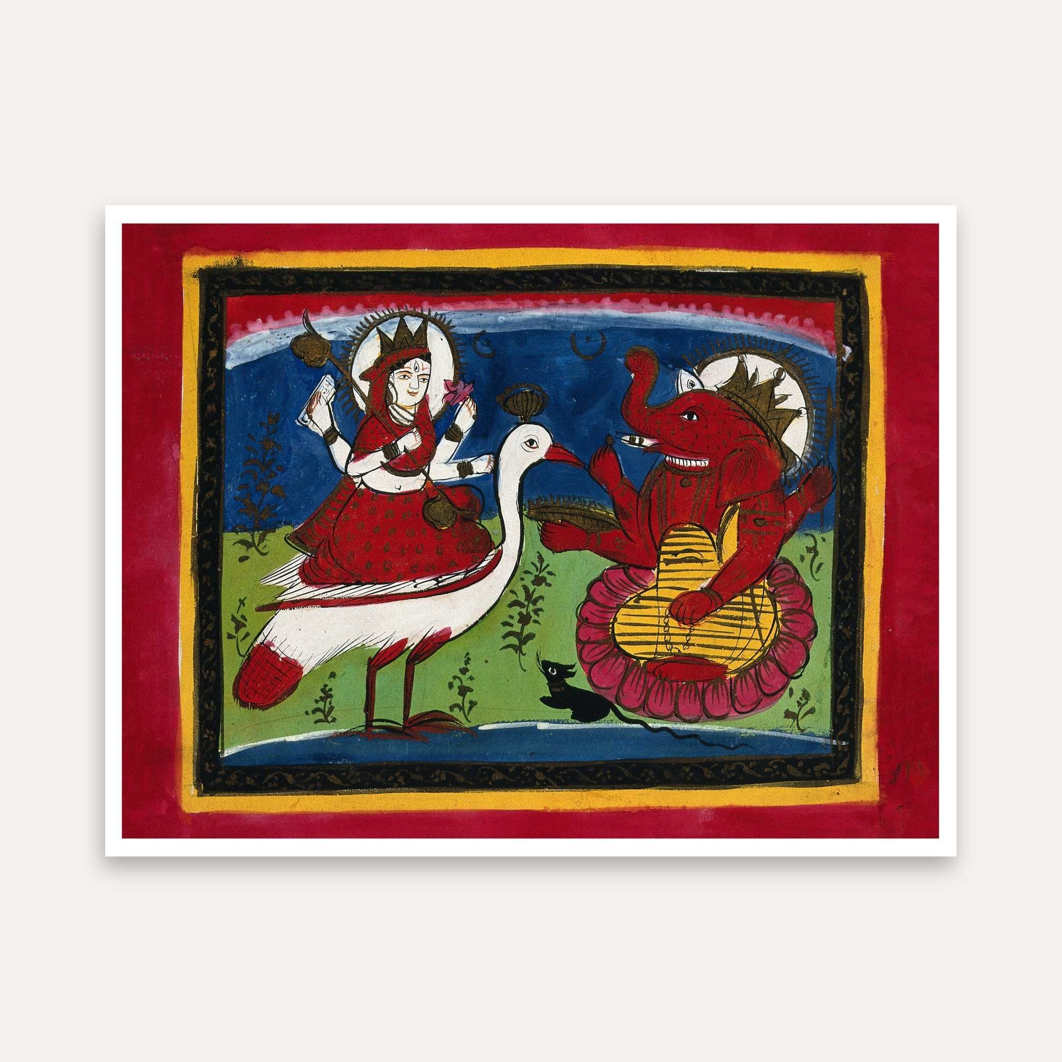 Lakshmi Ganesha Painting for Home | Spiritual Wall Art for Pooja Room | Folk Art Print 4 : 3 Horizontal Premium Wall Art Canvas by MeriDeewar