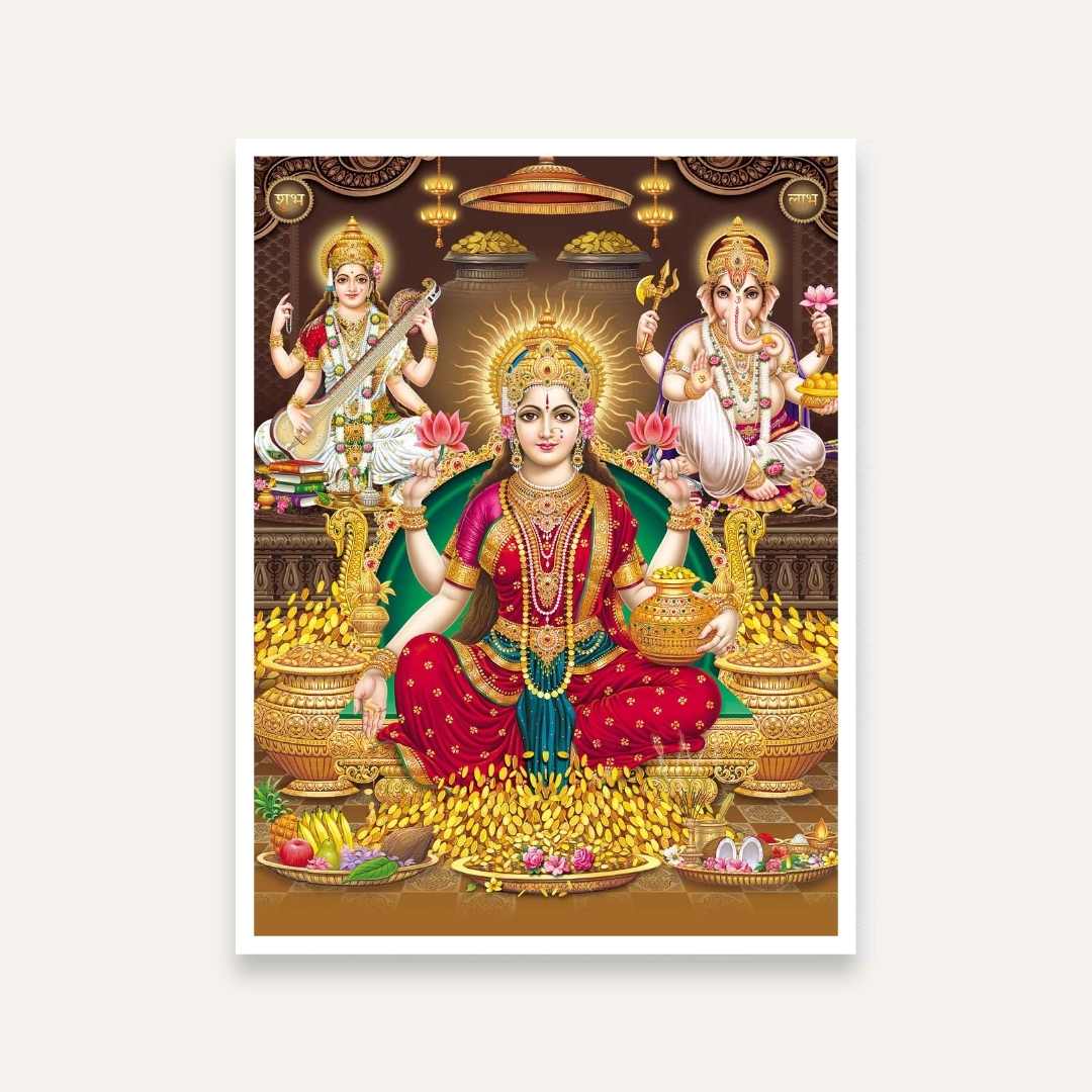 Lakshmi Ganesha Saraswati Painting for Pooja Room & Living Room | Spiritual Wall Art 4 :5 Vertical Premium Wall Art Canvas by MeriDeewar