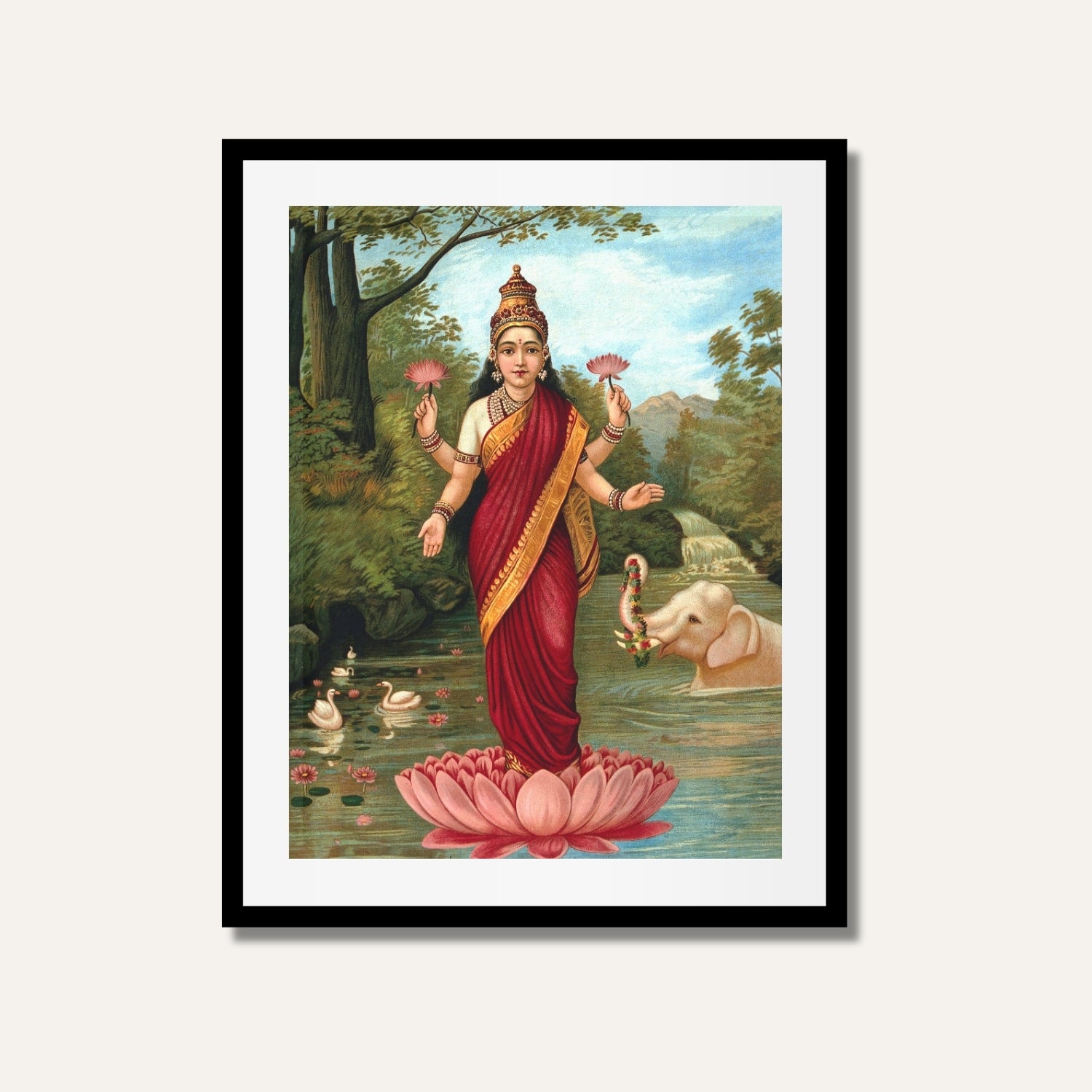 Lakshmi Painting by Raja Ravi Varma – Goddess of Prosperity and Grace | MeriDeewar.com 4 X 5.5 Vertical Premium Wall Art Canvas by MeriDeewar