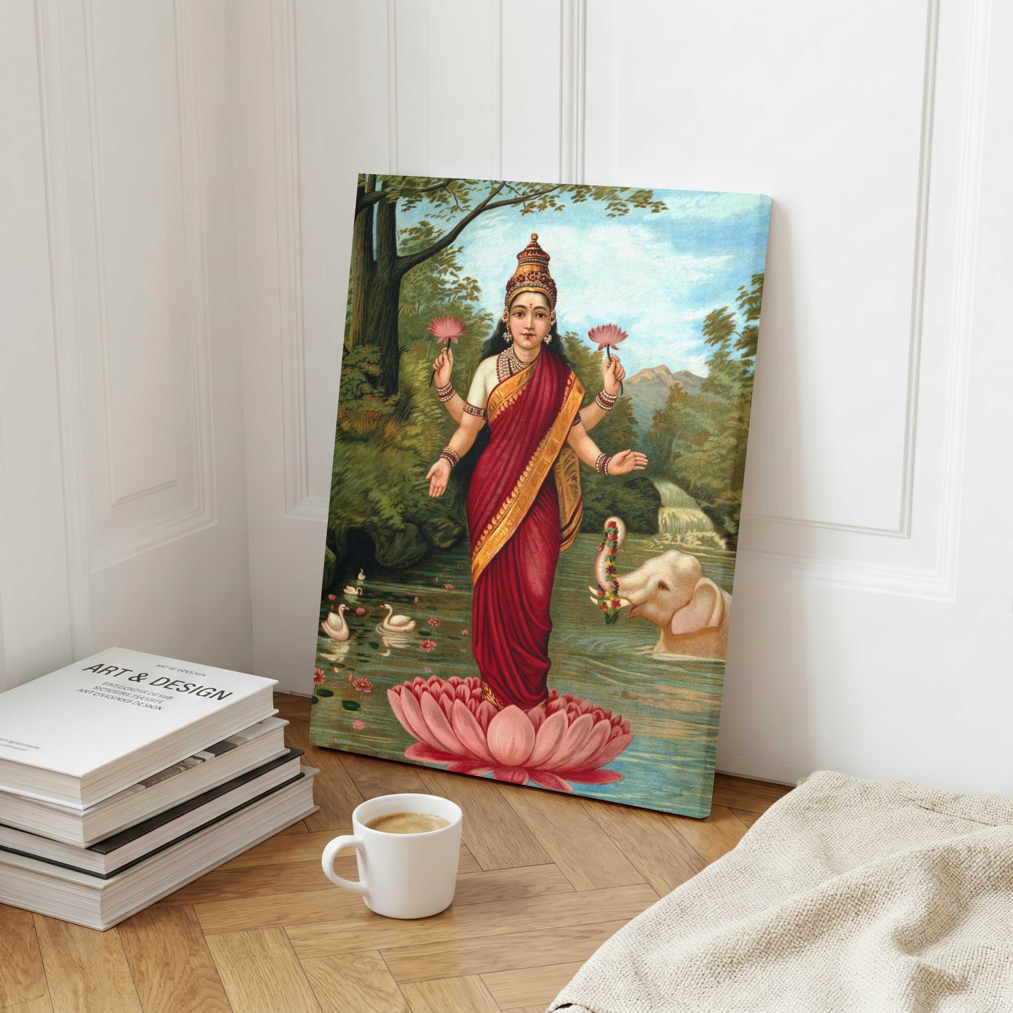 Lakshmi Painting for Pooja Room & Living Room – Raja Ravi Varma | Spiritual Wall Art India 3 : 4 Vertical Premium Wall Art Canvas by MeriDeewar