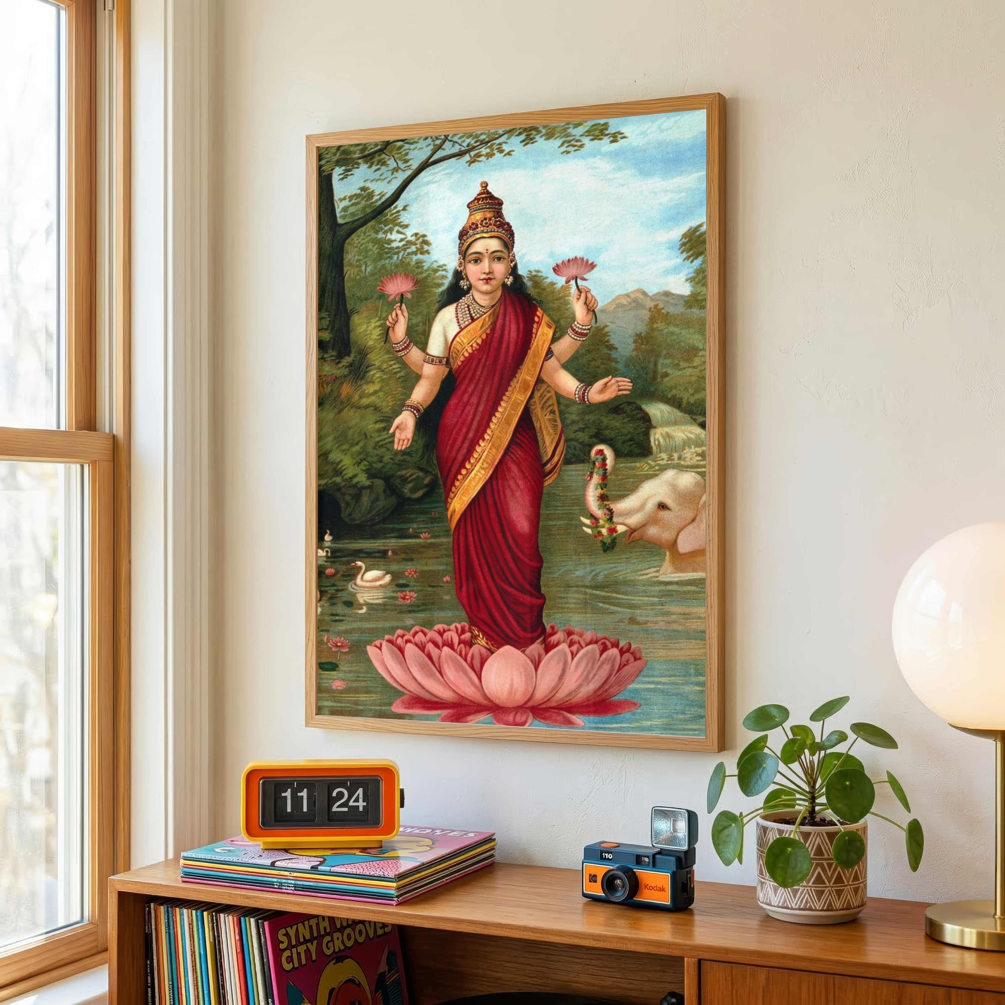 Lakshmi Painting for Pooja Room & Living Room – Raja Ravi Varma | Spiritual Wall Art India 3 : 4 Vertical Premium Wall Art Canvas by MeriDeewar