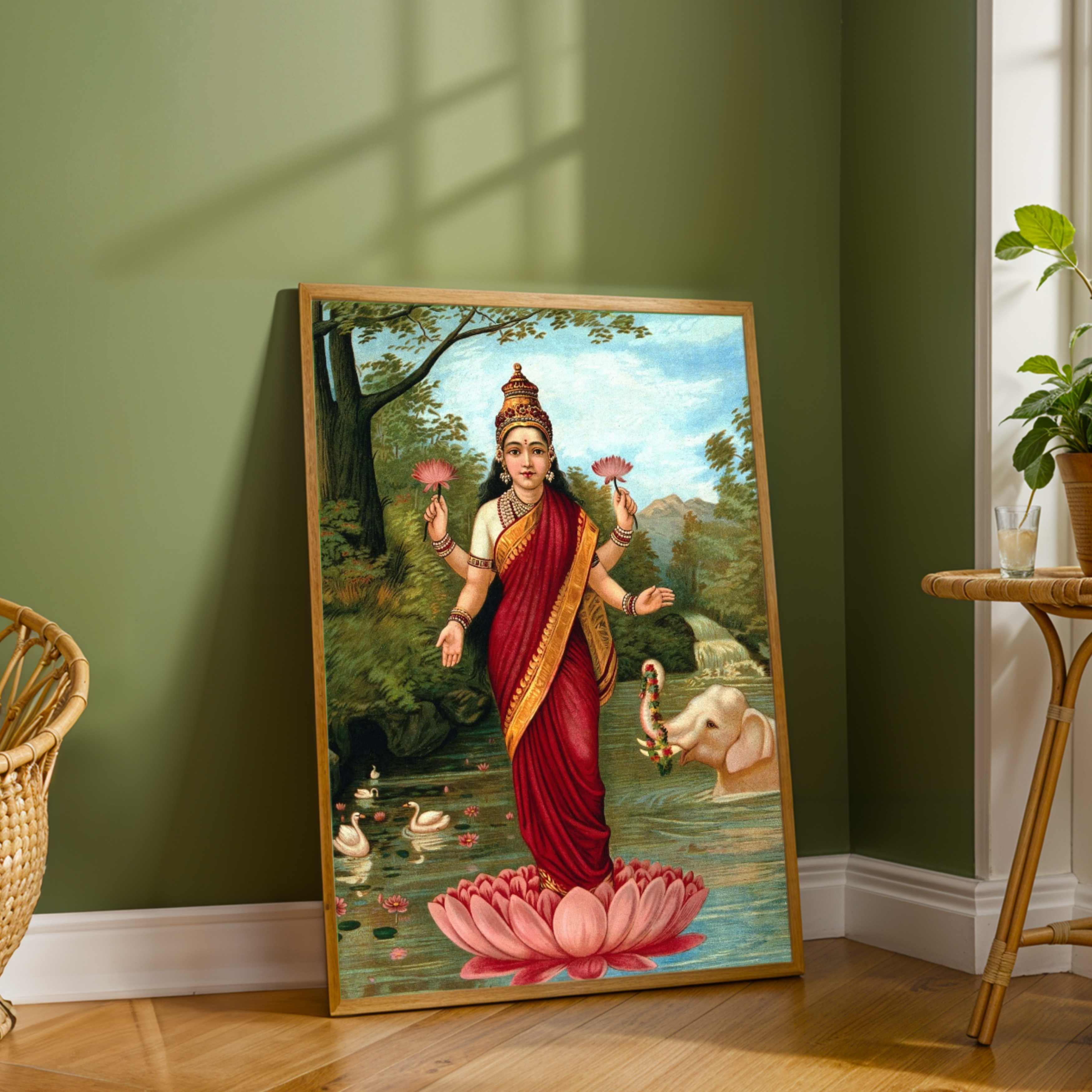 Lakshmi Painting for Pooja Room & Living Room – Raja Ravi Varma | Spiritual Wall Art India 3 : 4 Vertical Premium Wall Art Canvas by MeriDeewar