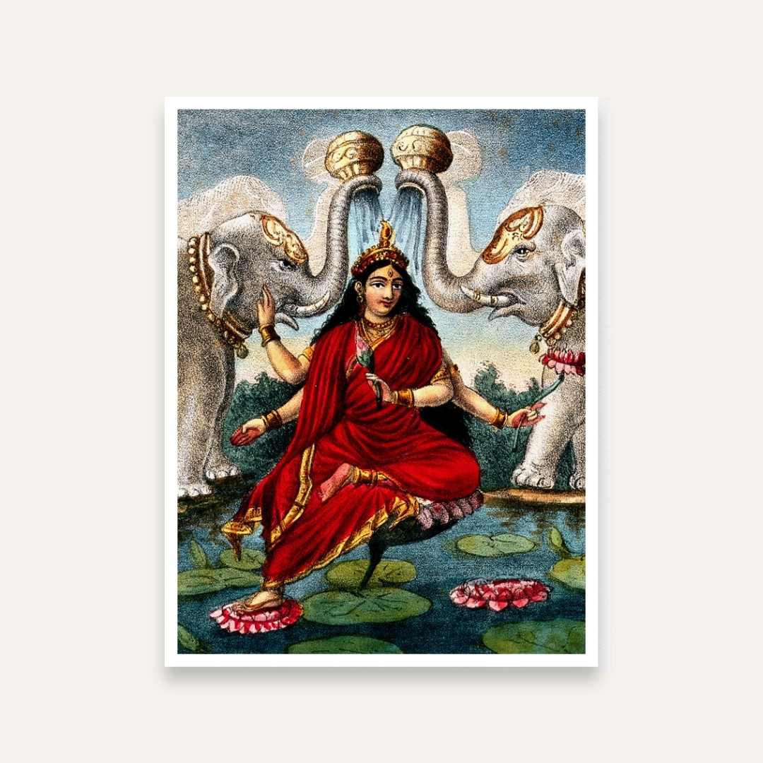 Lakshmi Painting with Elephants for Pooja Room | Spiritual Wall Art | Giclée Print 3 : 4 Vertical Premium Wall Art Canvas by MeriDeewar