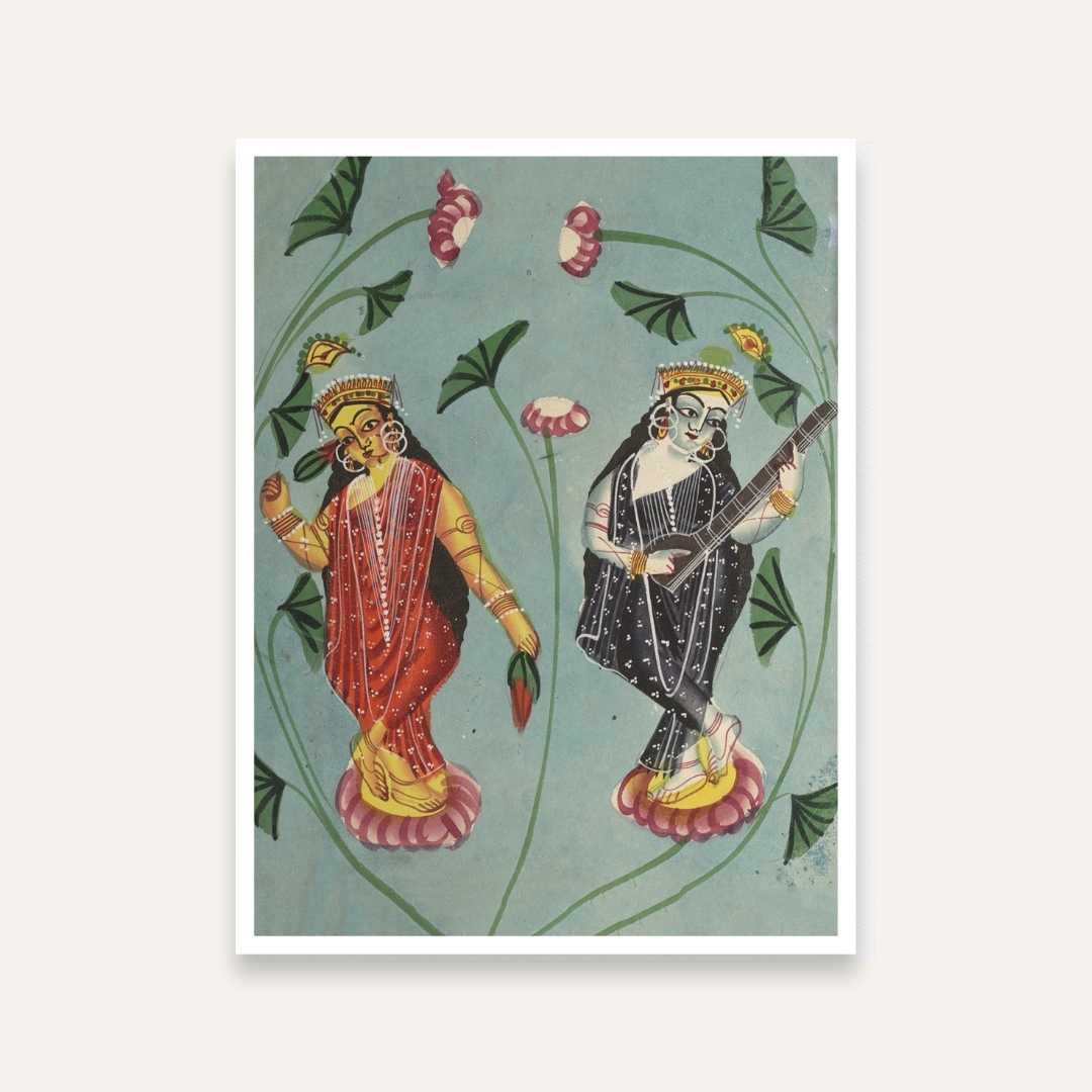 Lakshmi Saraswati Painting for Pooja Room & Living Room | Kalighat Style Spiritual Wall Art 5 : 6 Vertical Premium Wall Art Canvas by MeriDeewar