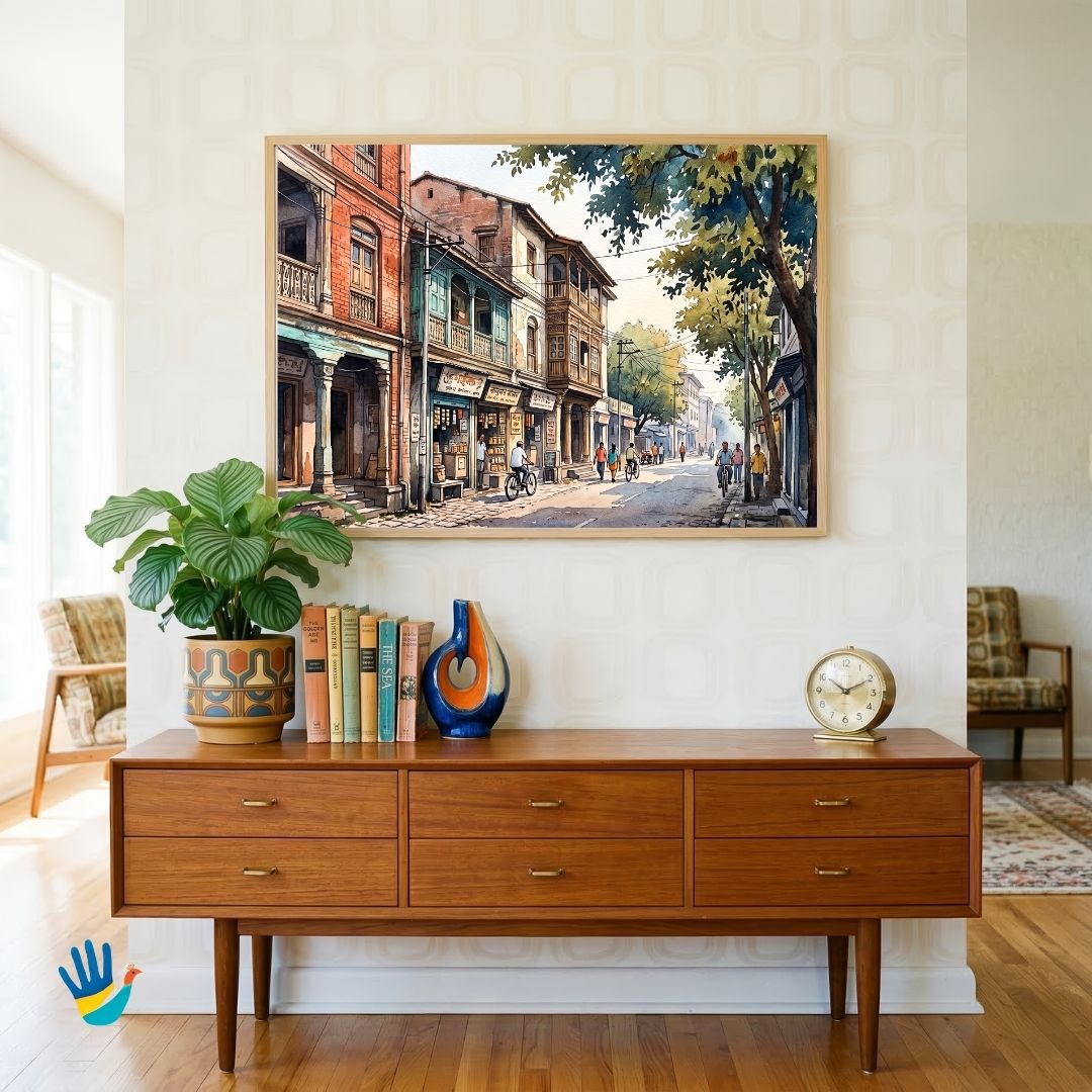 Lanes of Old Pune | Historic Peshwa Wada Streetscape Watercolor Framed Art 4 : 3 Horizontal Premium Wall Art Canvas by MeriDeewar