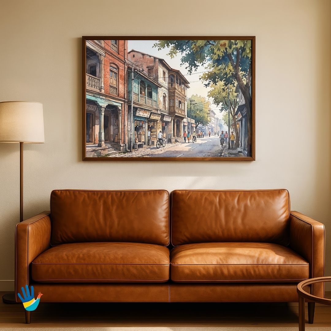 Lanes of Old Pune | Historic Peshwa Wada Streetscape Watercolor Framed Art 4 : 3 Horizontal Premium Wall Art Canvas by MeriDeewar