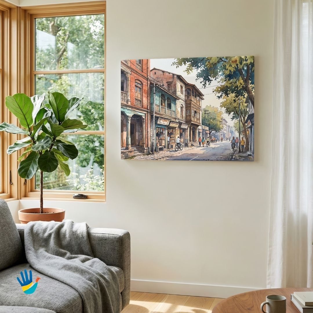 Lanes of Old Pune | Historic Peshwa Wada Streetscape Watercolor Framed Art 4 : 3 Horizontal Premium Wall Art Canvas by MeriDeewar