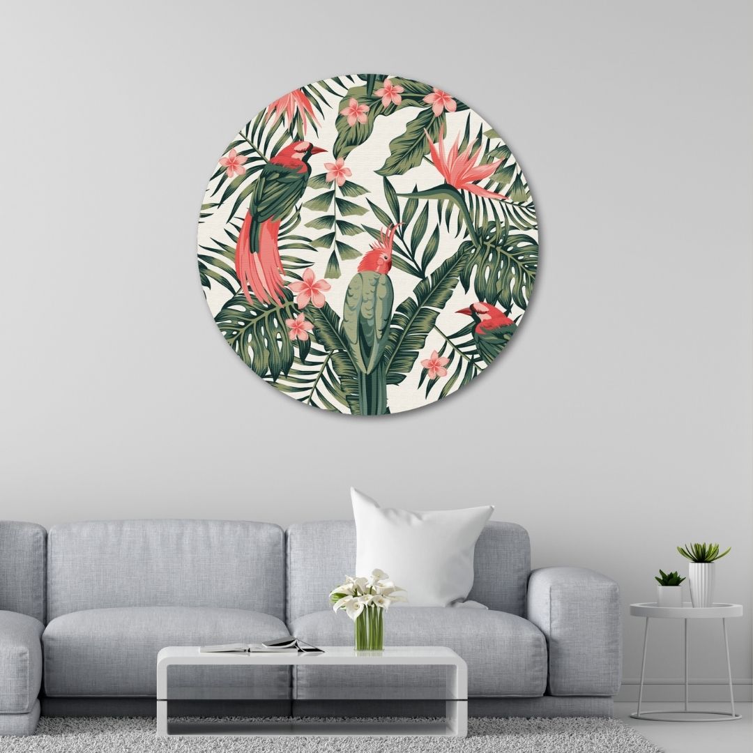 Leaves, flowers and birds Circular Canvas Frame Circular Canvas Frame Premium Wall Art Canvas by MeriDeewar