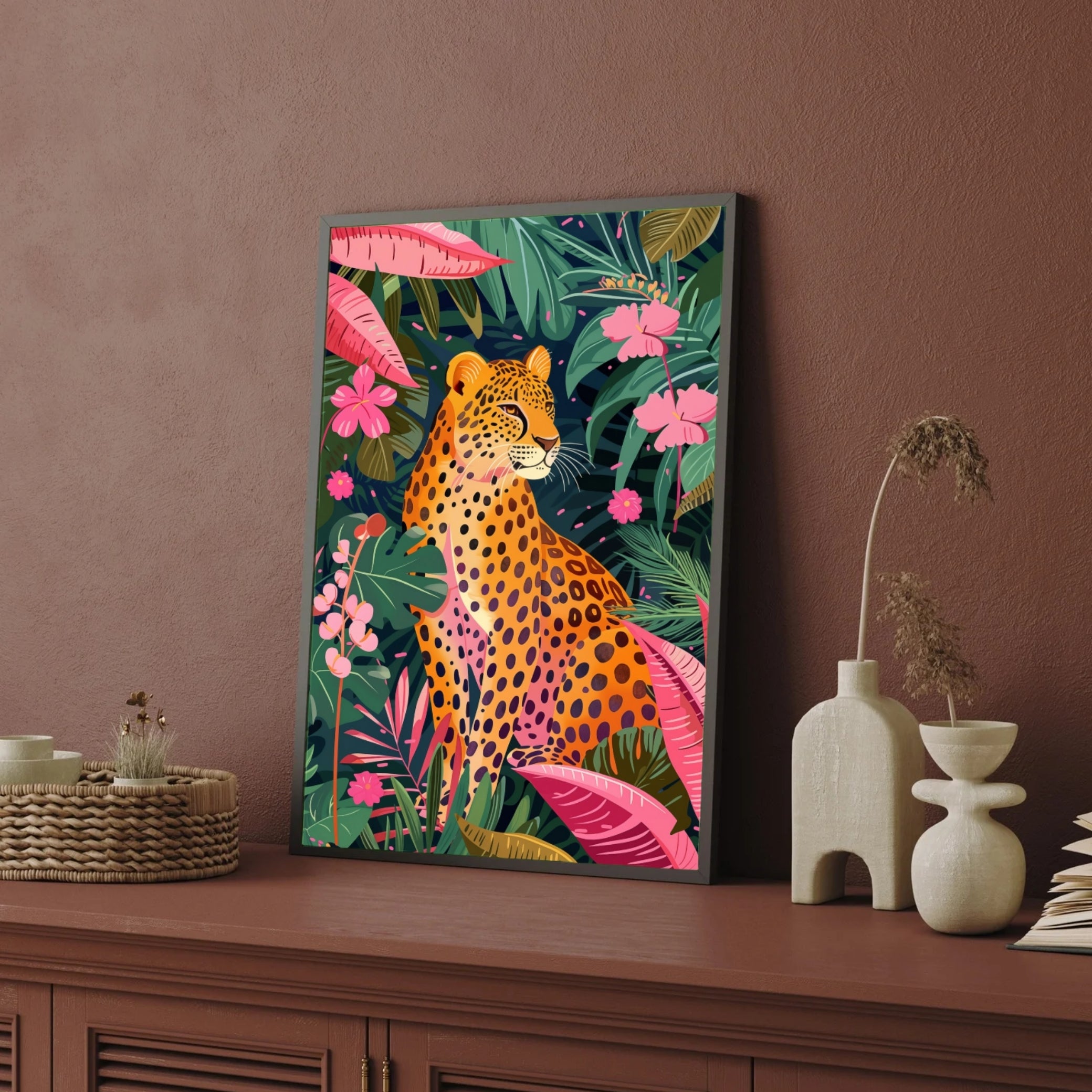 Leopard in Tropical Paradise – Exotic Jungle Wall Art 2 : 3 Vertical Premium Wall Art Canvas by MeriDeewar