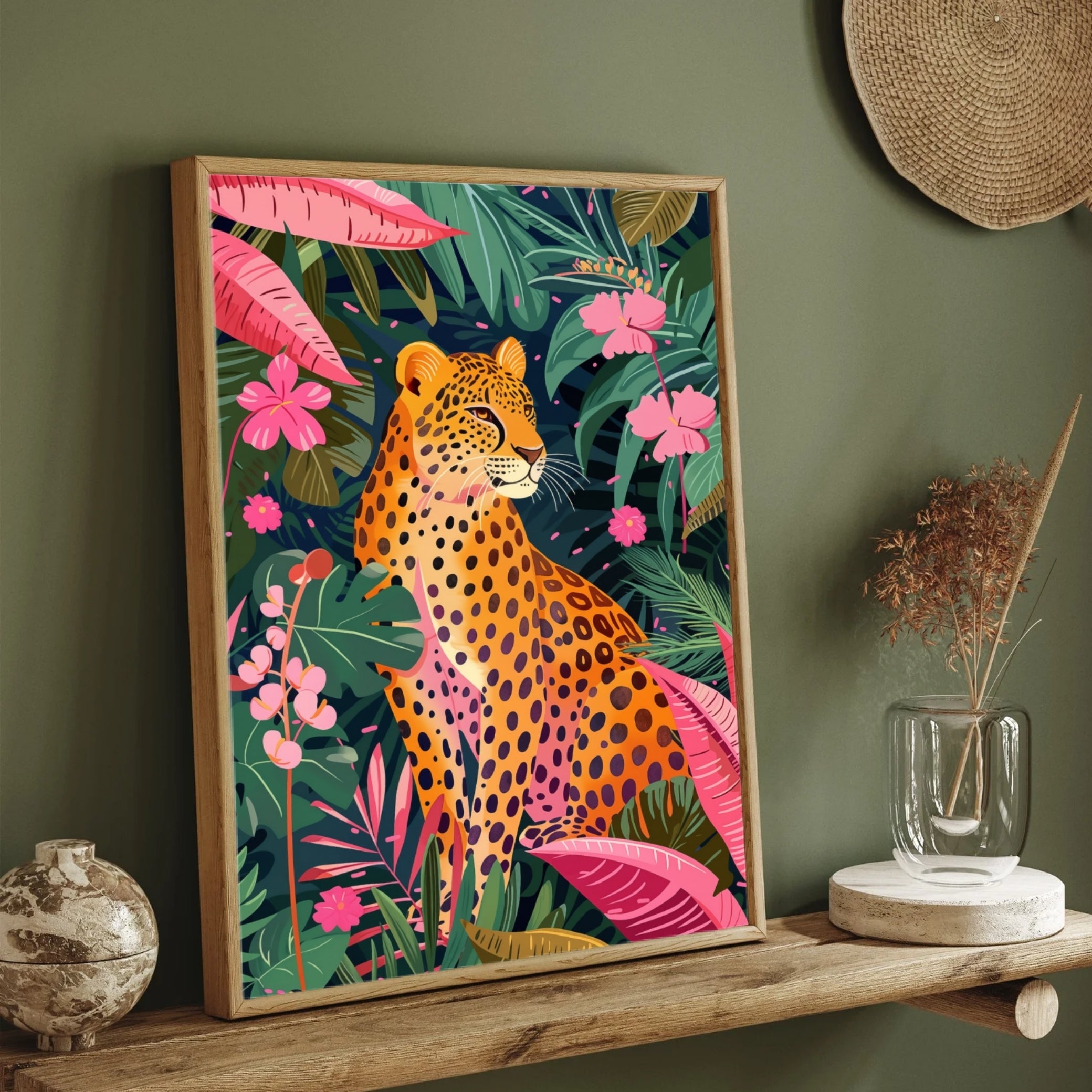 Leopard in Tropical Paradise – Exotic Jungle Wall Art 2 : 3 Vertical Premium Wall Art Canvas by MeriDeewar