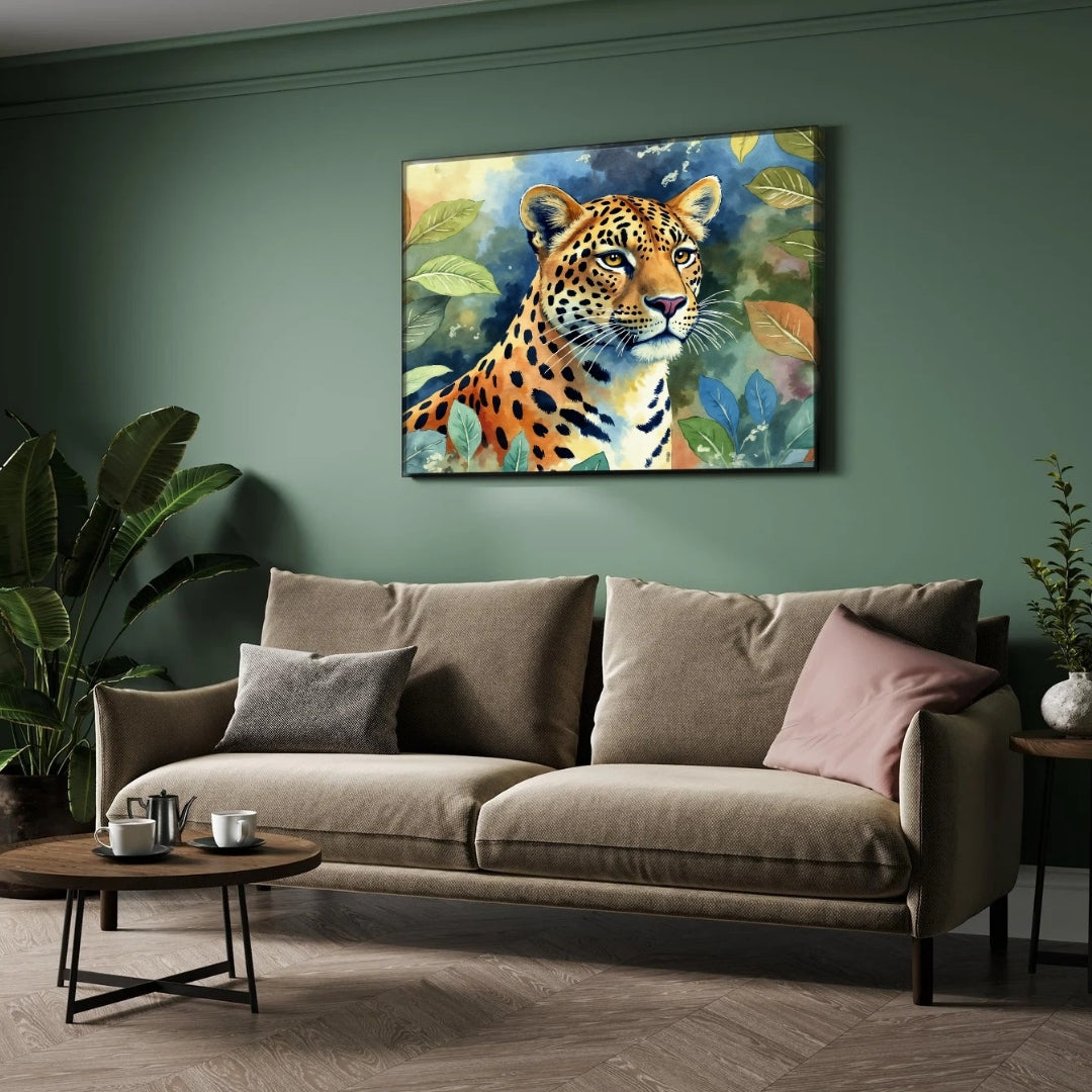Leopard Whispers — Botanical Wildlife Canvas 2 : 3 Horizontal Premium Wall Art Canvas by MeriDeewar