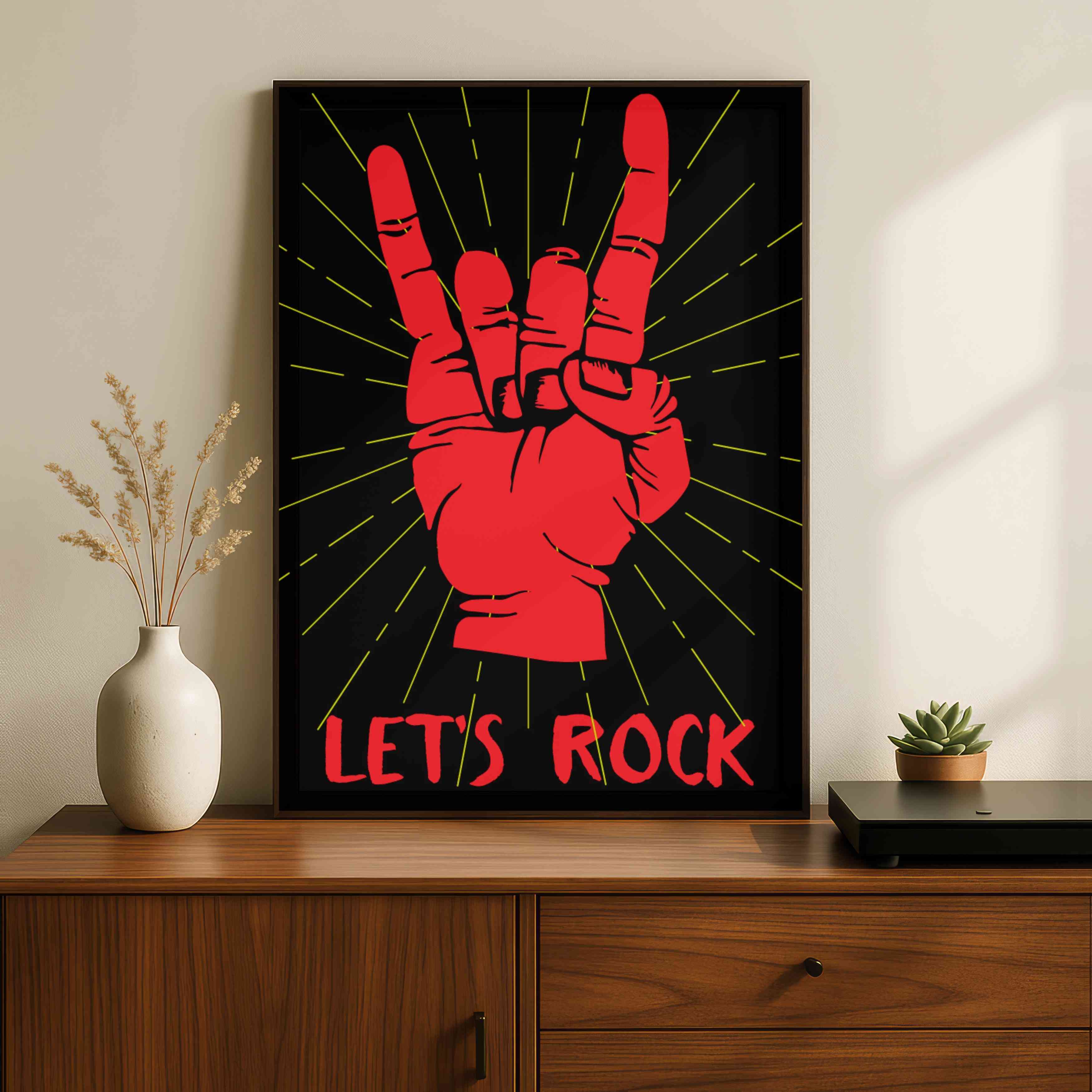 "Let's Rock" Hand Sign Music Poster | Vertical Borderless Art Frame Poster Premium Wall Art Canvas by MeriDeewar