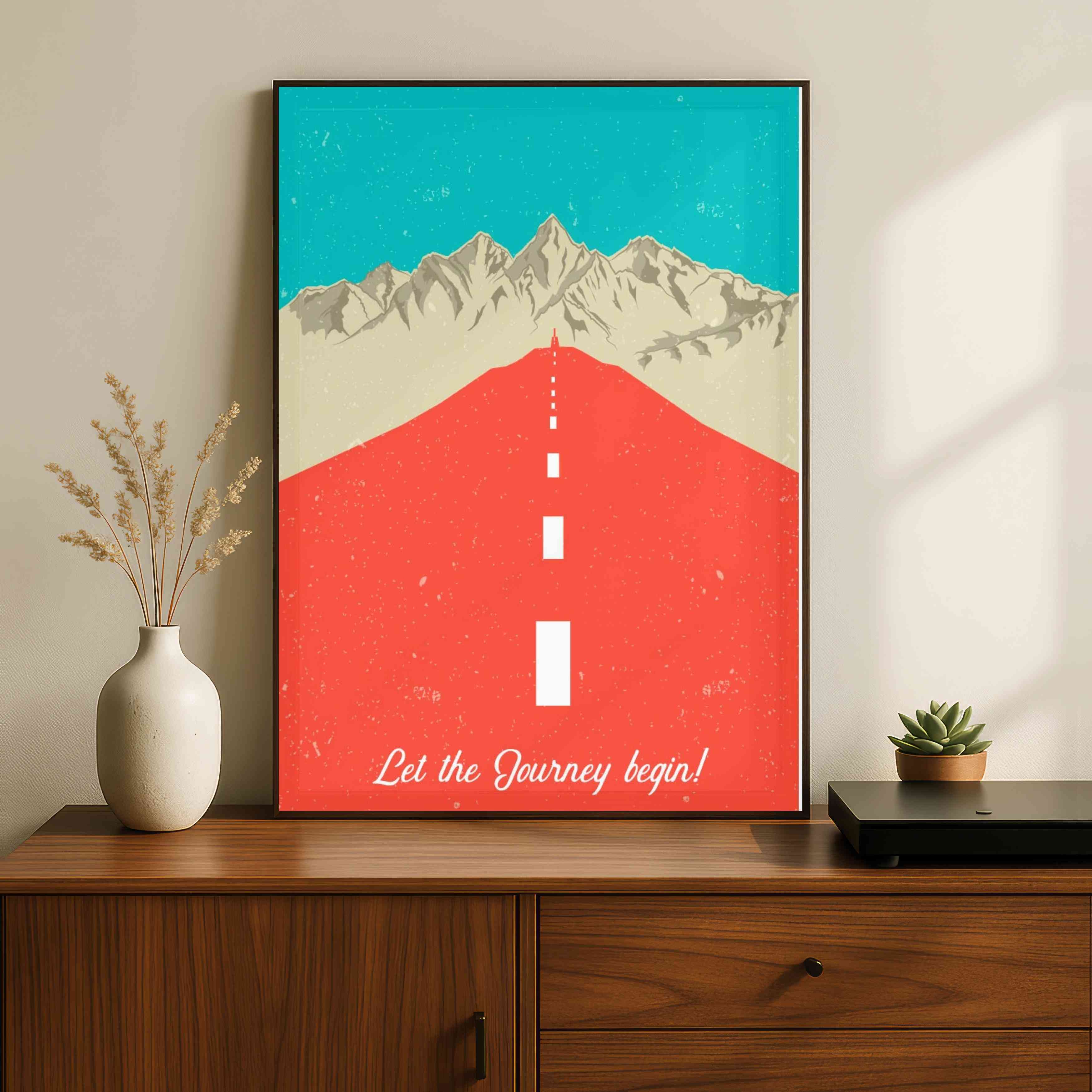 "Let The Journey Begin" Adventure Landscape Poster | Vertical Borderless Art Frame Poster Premium Wall Art Canvas by MeriDeewar