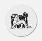 Lion stands in front of a palm tree Painting Circular Canvas Frame Circular Canvas Frame Premium Wall Art Canvas by MeriDeewar
