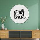 Lion stands in front of a palm tree Painting Circular Canvas Frame Circular Canvas Frame Premium Wall Art Canvas by MeriDeewar