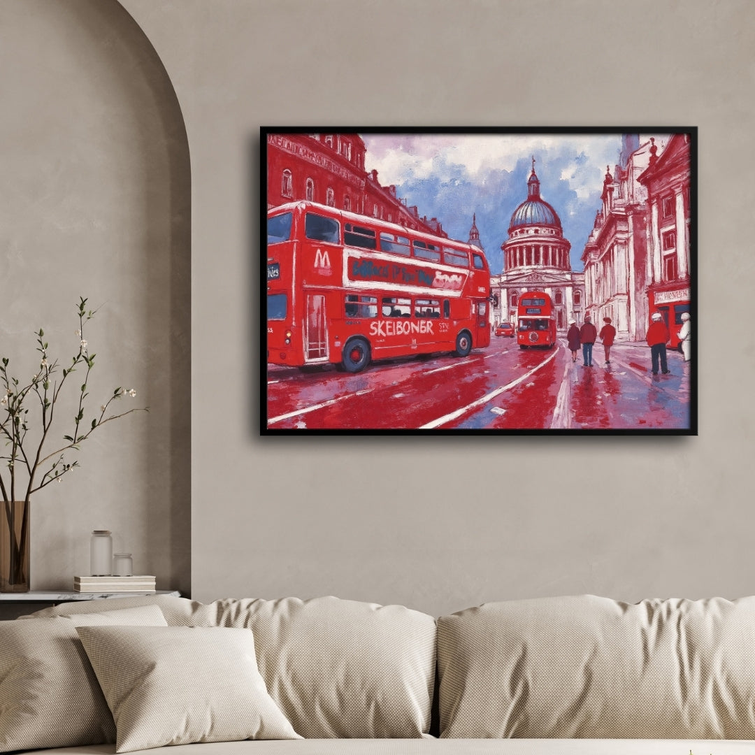 London Crimson — Double-Decker Bus Cityscape Canvas 2 : 3 Horizontal Premium Wall Art Canvas by MeriDeewar