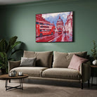 London Crimson — Double-Decker Bus Cityscape Canvas 2 : 3 Horizontal Premium Wall Art Canvas by MeriDeewar