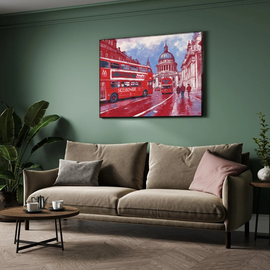 London Crimson — Double-Decker Bus Cityscape Canvas 2 : 3 Horizontal Premium Wall Art Canvas by MeriDeewar