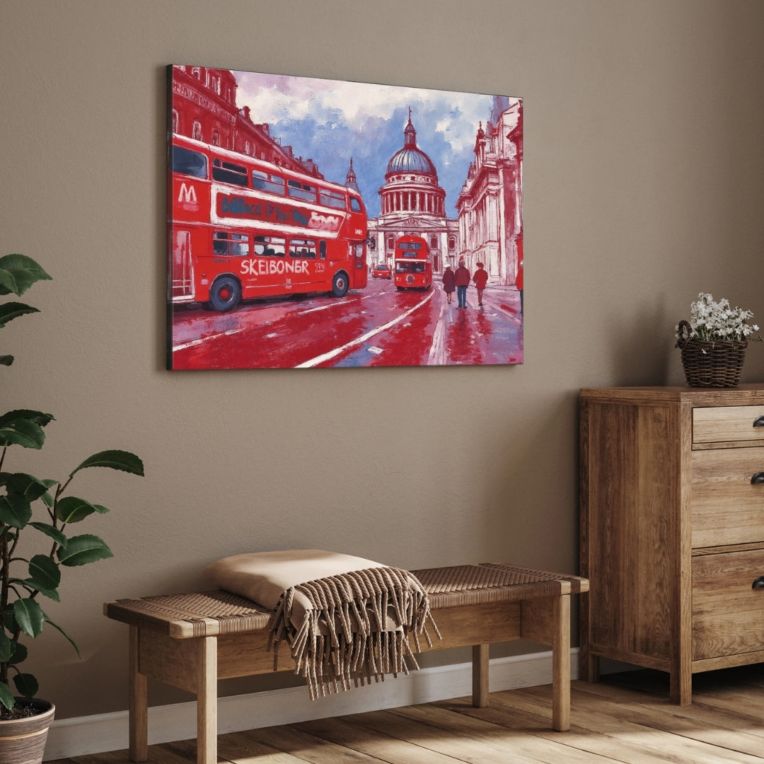 London Crimson — Double-Decker Bus Cityscape Canvas 2 : 3 Horizontal Premium Wall Art Canvas by MeriDeewar