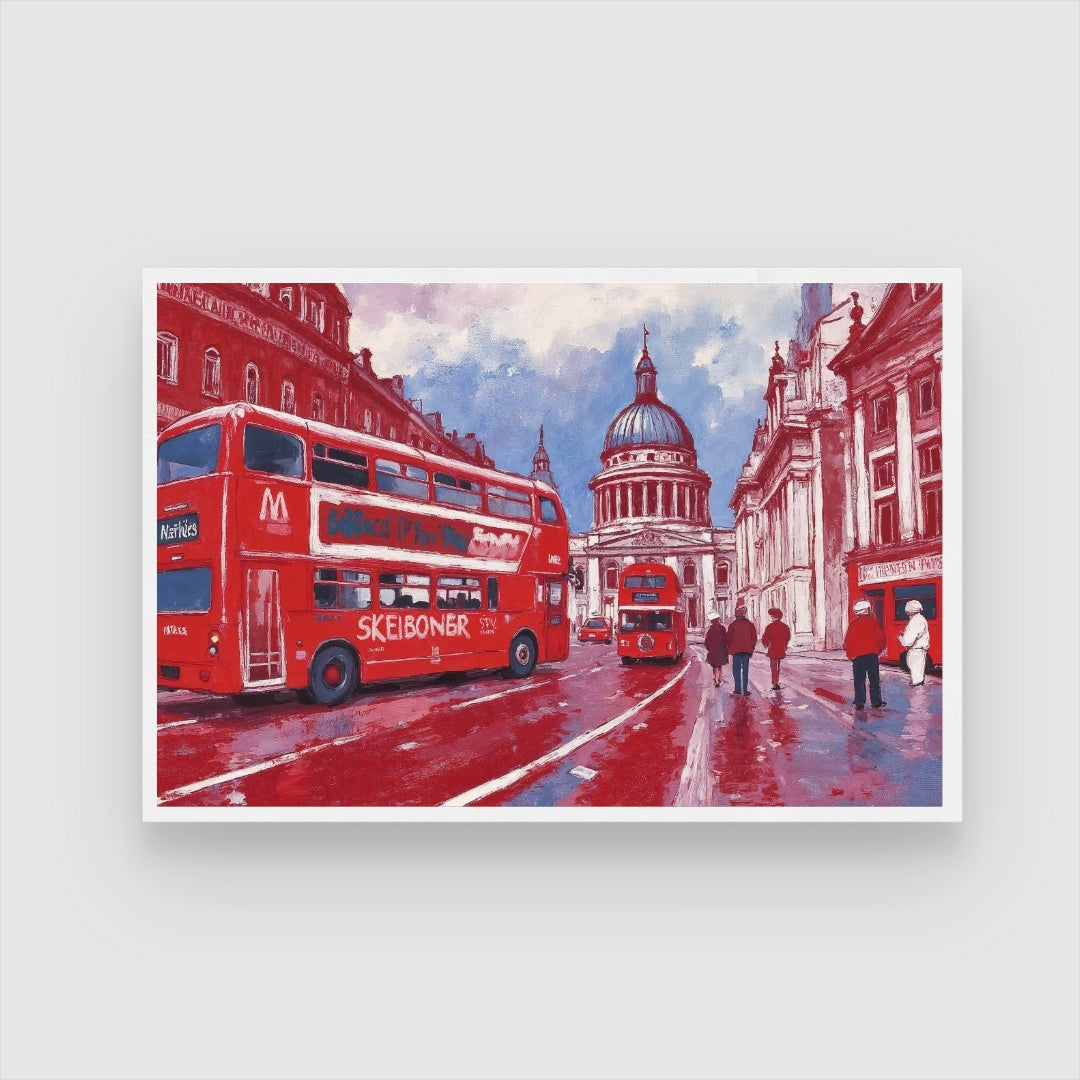 London Crimson — Double-Decker Bus Cityscape Canvas 2 : 3 Horizontal Premium Wall Art Canvas by MeriDeewar