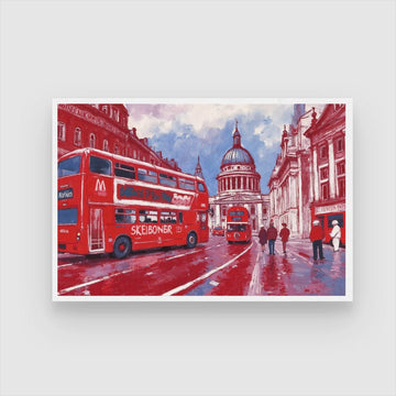 London Crimson — Double-Decker Bus Cityscape Canvas 2 : 3 Horizontal Premium Wall Art Canvas by MeriDeewar
