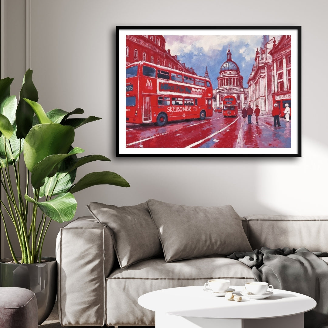 London Crimson — Double-Decker Bus Cityscape Canvas 2 : 3 Horizontal Premium Wall Art Canvas by MeriDeewar