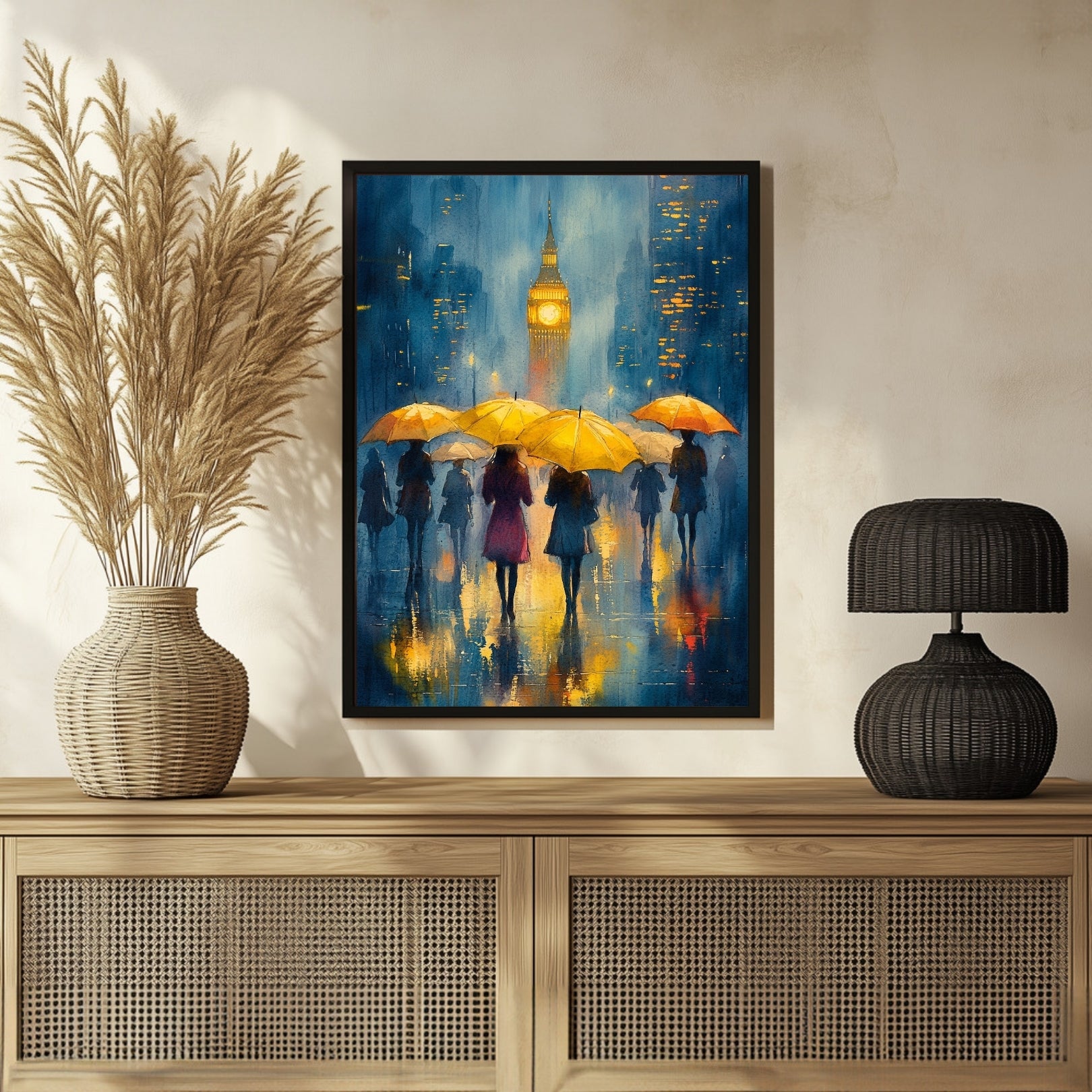 London Rain Watercolor Painting - Urban Art for Home Decor 3 : 4 Vertical New Premium Wall Art Canvas by MeriDeewar