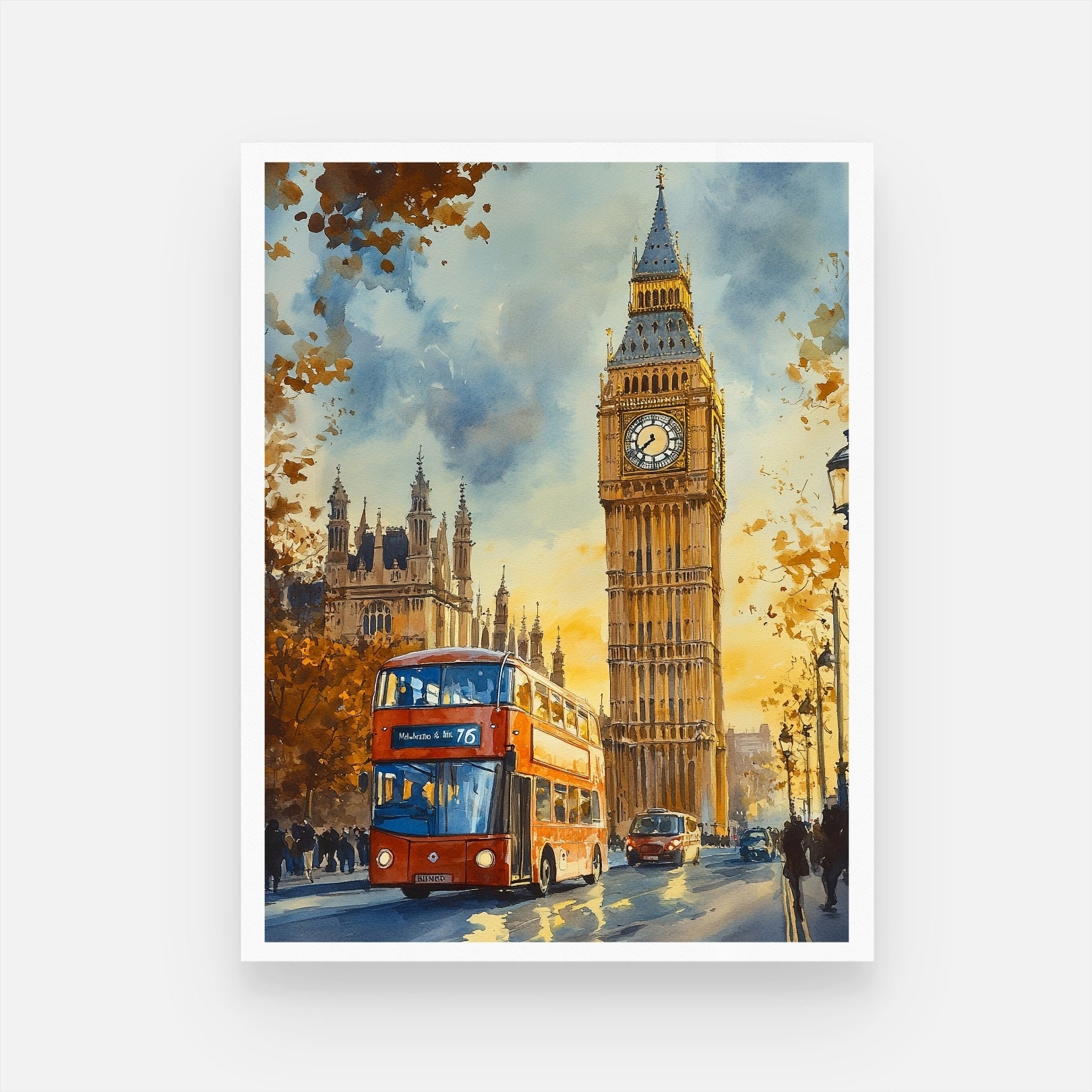 London Watercolor Cityscape Paintings The London Eye Big Ben Buckingham Palace Tower Bridge 3 : 4 Vertical New Premium Wall Art Canvas by MeriDeewar