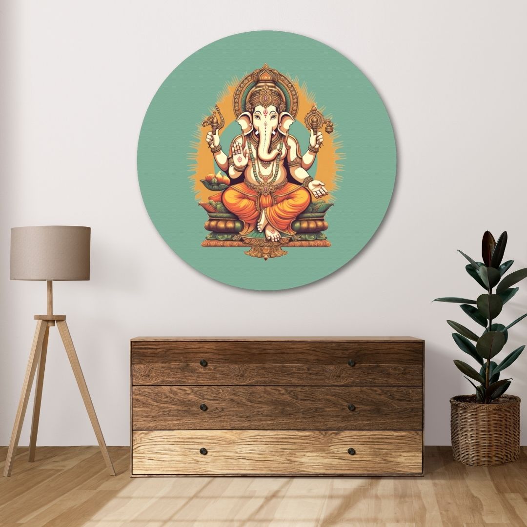 Lord Ganesh Circular Gallery Wrap Canvas Circular Canvas Frame Premium Wall Art Canvas by MeriDeewar