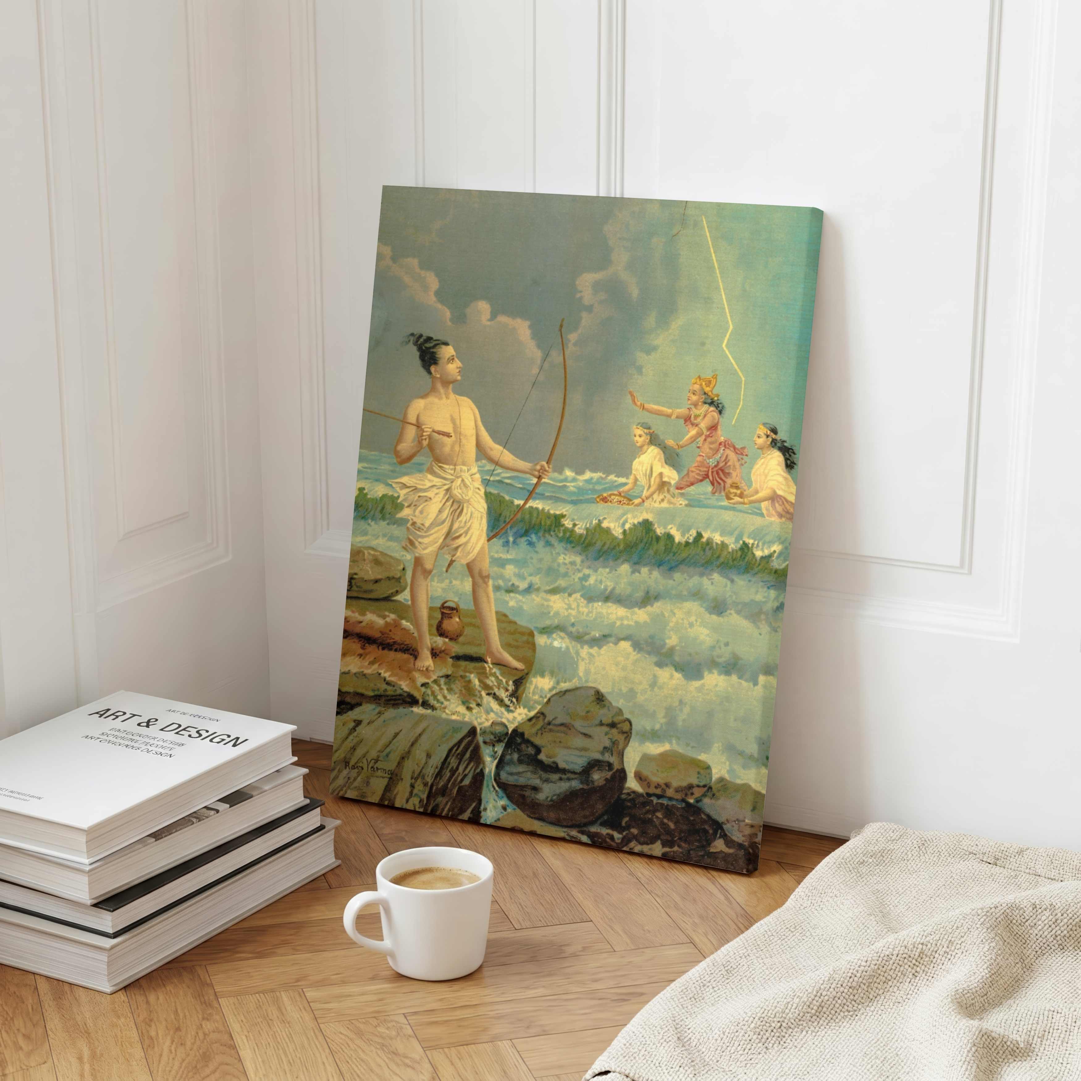 Lord Rama Ramayan Painting for Living Room | Raja Ravi Varma Spiritual Wall Art 3 : 4 Vertical Premium Wall Art Canvas by MeriDeewar