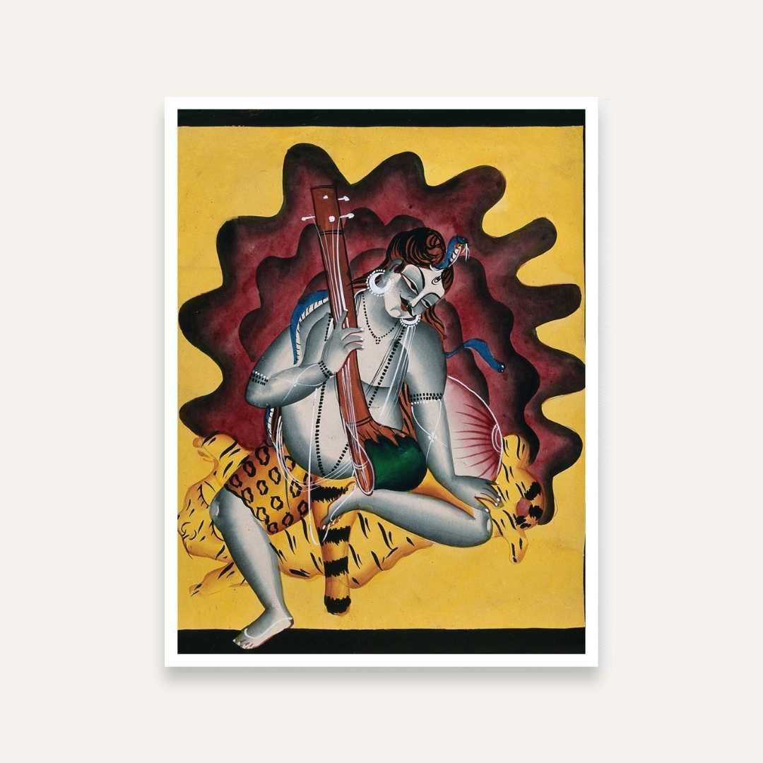 Lord Shiva Painting with Veena – Kalighat Style Spiritual Wall Art | Giclée Fine Art Print 3 : 4 Vertical Premium Wall Art Canvas by MeriDeewar