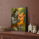 Lord Shiva with Baby Ganesha – Divine Father & Son Spiritual Wall Art 2 : 3 Vertical Premium Wall Art Canvas by MeriDeewar