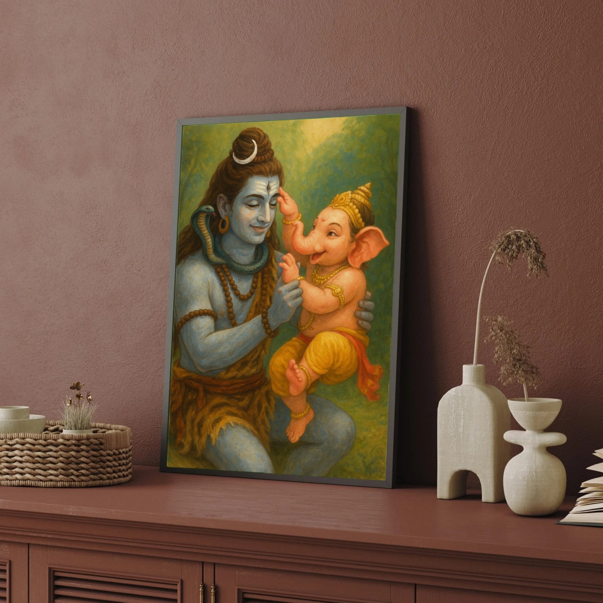 Lord Shiva with Baby Ganesha – Divine Father & Son Spiritual Wall Art 2 : 3 Vertical Premium Wall Art Canvas by MeriDeewar