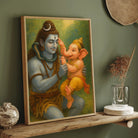 Lord Shiva with Baby Ganesha – Divine Father & Son Spiritual Wall Art 2 : 3 Vertical Premium Wall Art Canvas by MeriDeewar