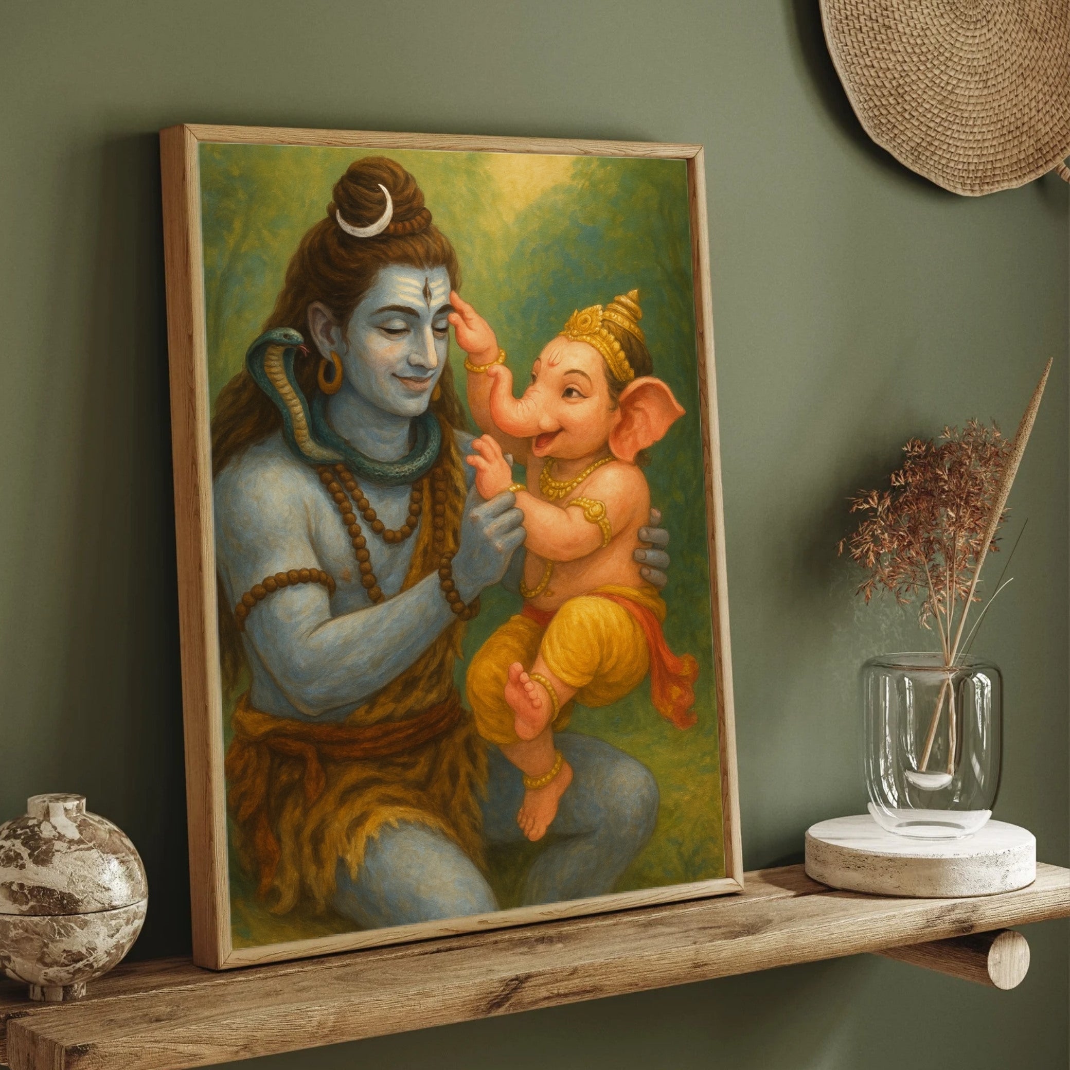 Lord Shiva with Baby Ganesha – Divine Father & Son Spiritual Wall Art 2 : 3 Vertical Premium Wall Art Canvas by MeriDeewar