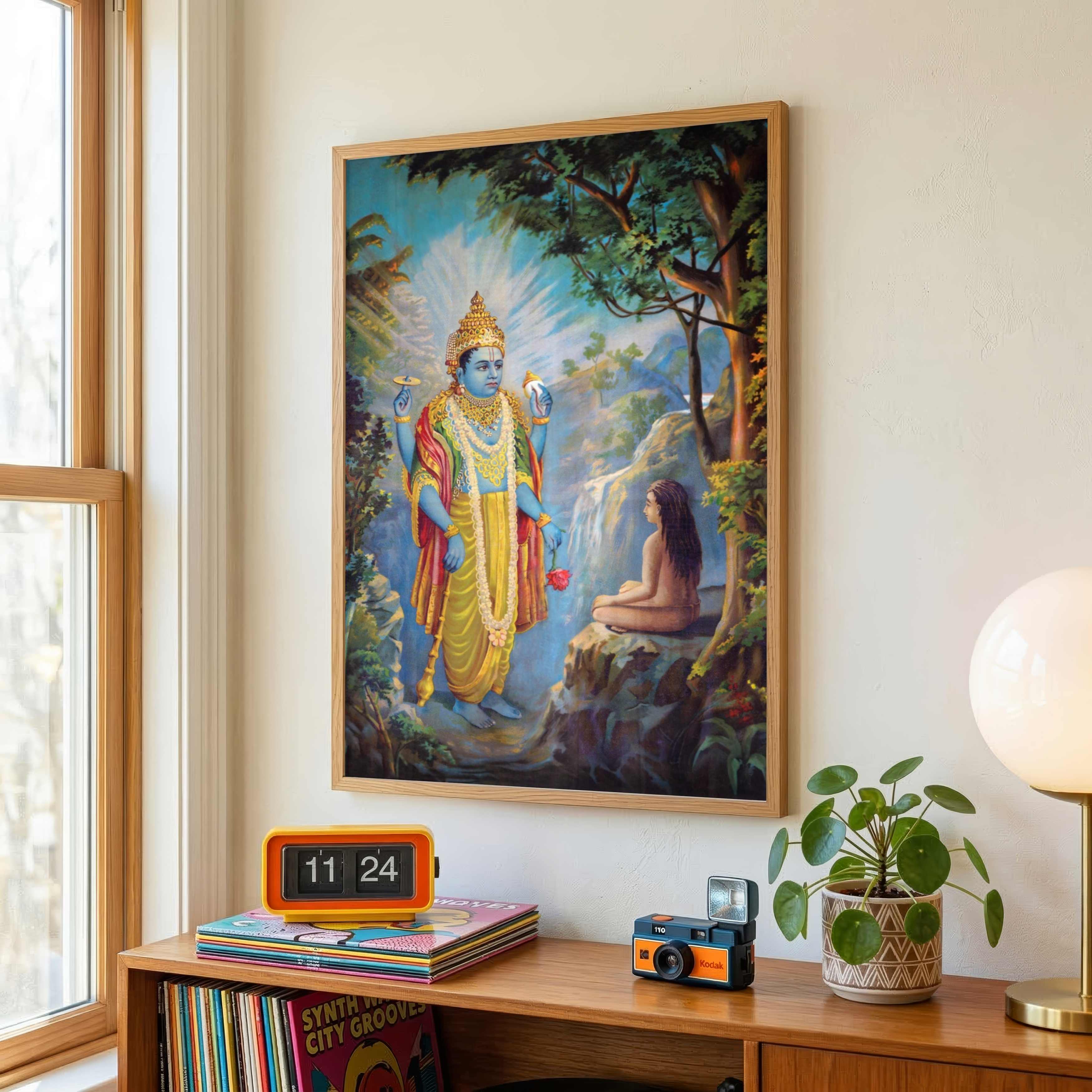 Lord Vishnu Dhruv Painting for Pooja Room | Raja Ravi Varma Spiritual Wall Art 3 : 4 Vertical Premium Wall Art Canvas by MeriDeewar