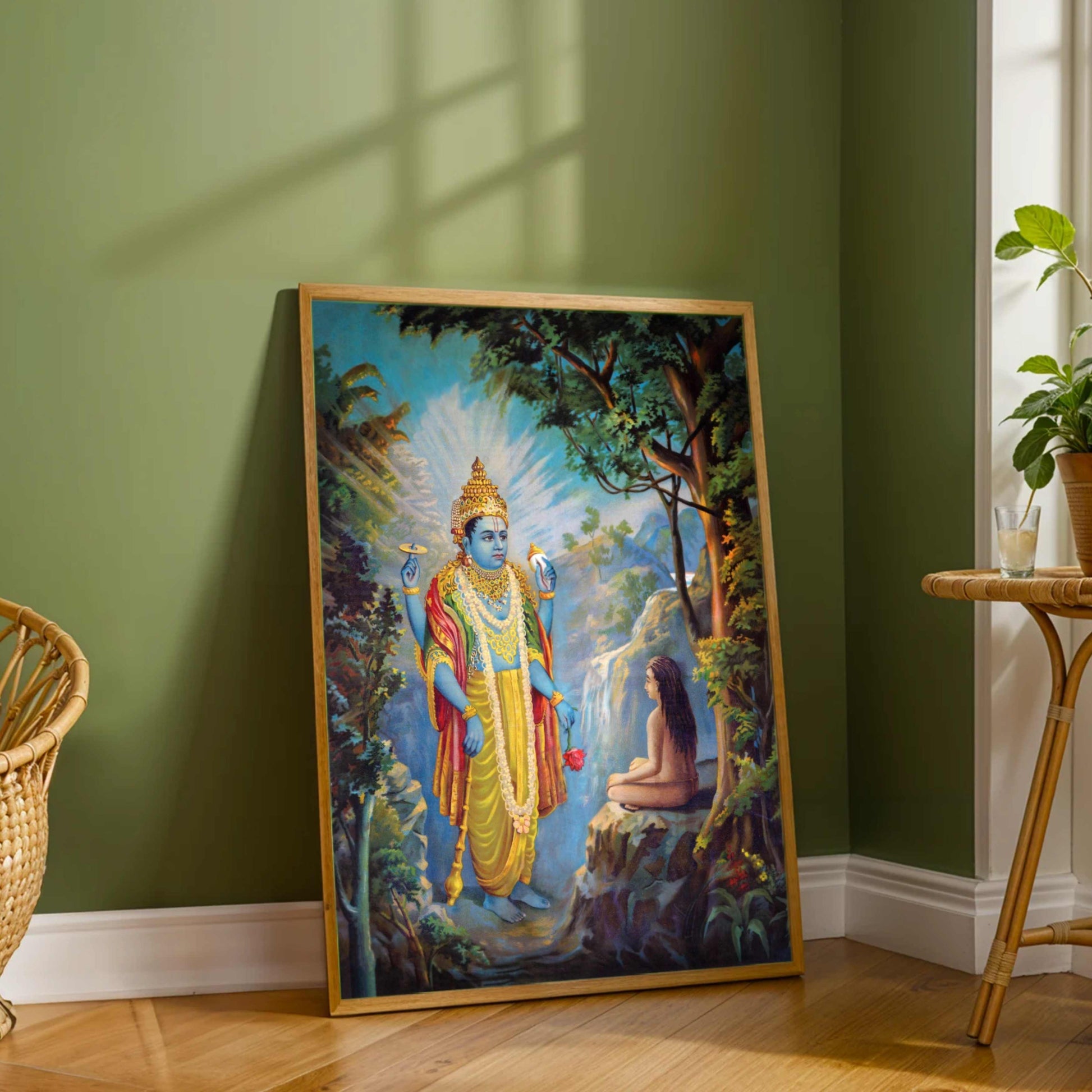 Lord Vishnu Dhruv Painting for Pooja Room | Raja Ravi Varma Spiritual Wall Art 3 : 4 Vertical Premium Wall Art Canvas by MeriDeewar