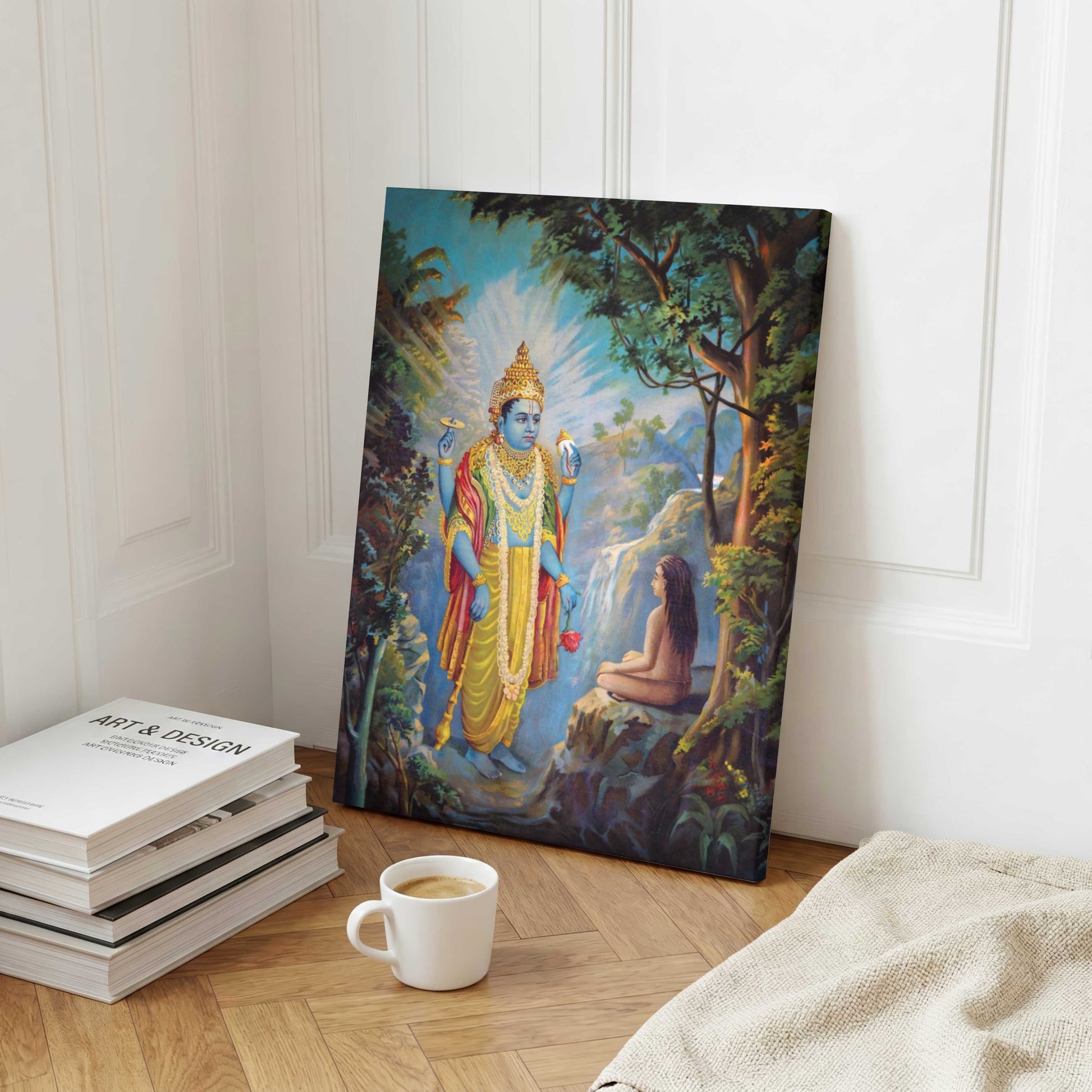 Lord Vishnu Dhruv Painting for Pooja Room | Raja Ravi Varma Spiritual Wall Art 3 : 4 Vertical Premium Wall Art Canvas by MeriDeewar